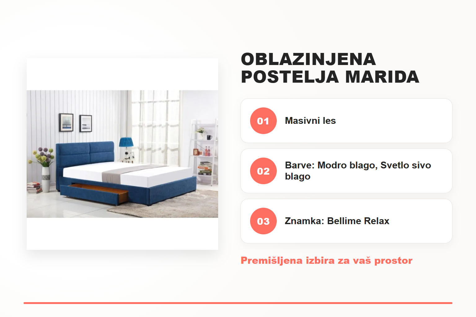 Oblazinjena postelja MARIDA – pregled ključnih lastnosti
