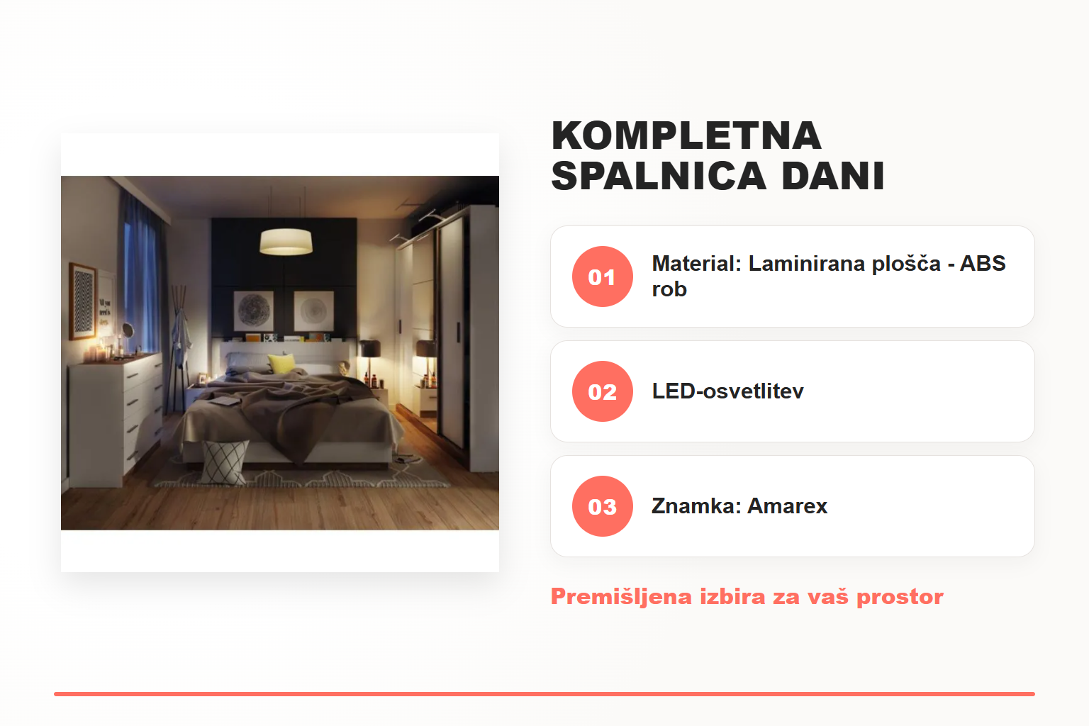Kompletna spalnica DANI – pregled ključnih lastnosti