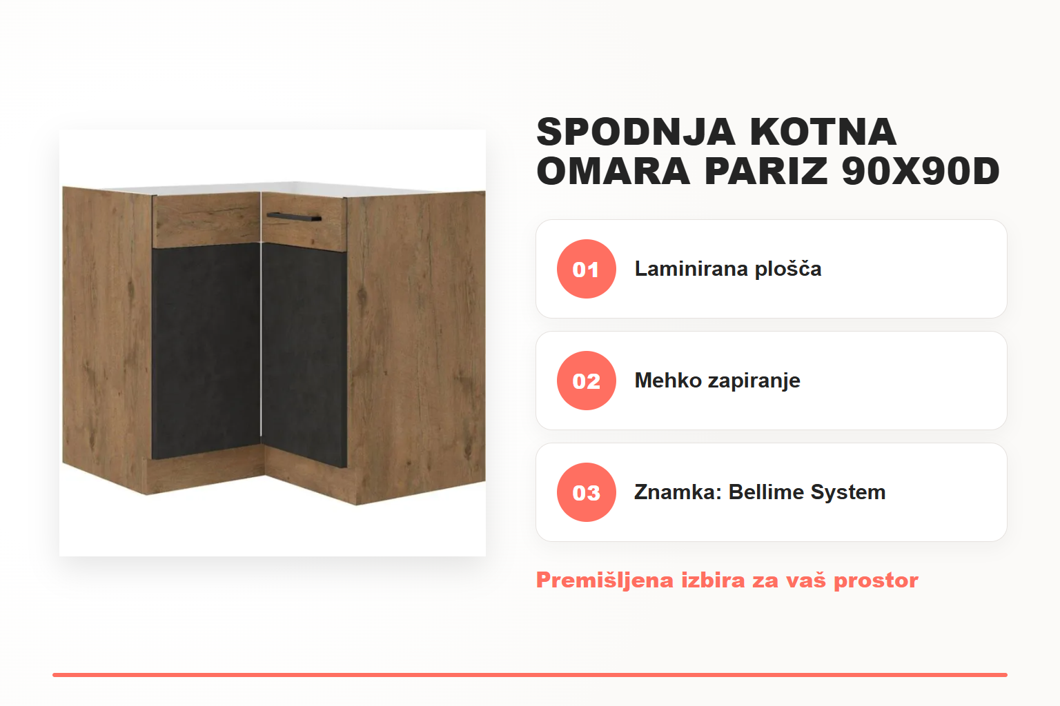 Spodnja kotna omara PARIZ 90X90D – pregled ključnih lastnosti