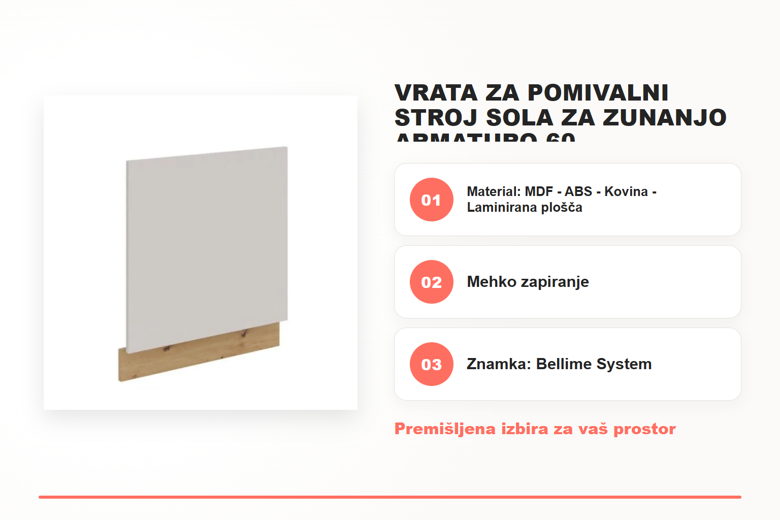 Vrata za pomivalni stroj SOLA za zunanjo armaturo 60 – pregled ključnih lastnosti
