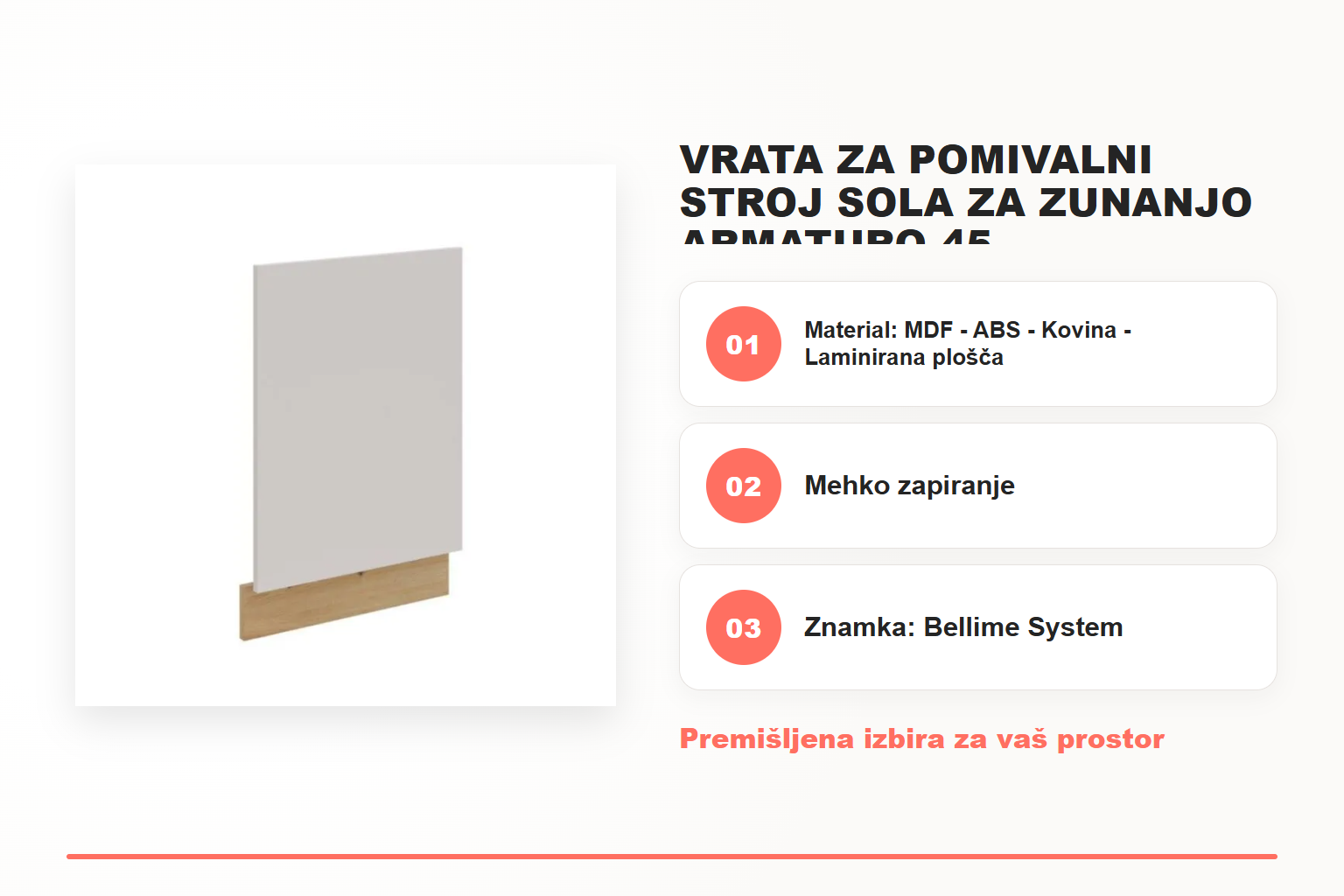 Vrata za pomivalni stroj SOLA za zunanjo armaturo 45 – pregled ključnih lastnosti