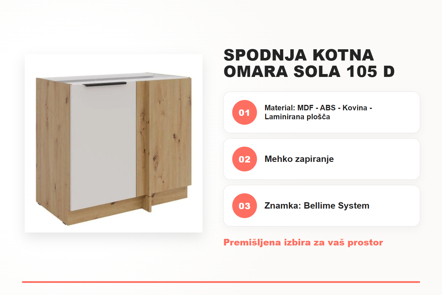 Spodnja kotna omara SOLA 105 D – pregled ključnih lastnosti