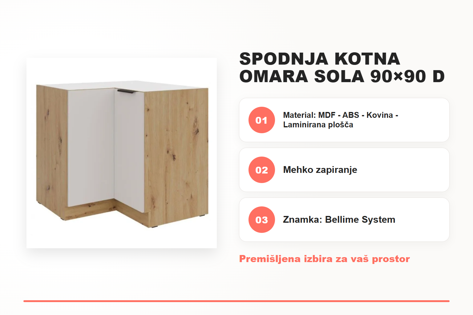 Spodnja kotna omara SOLA 90×90 D – pregled ključnih lastnosti