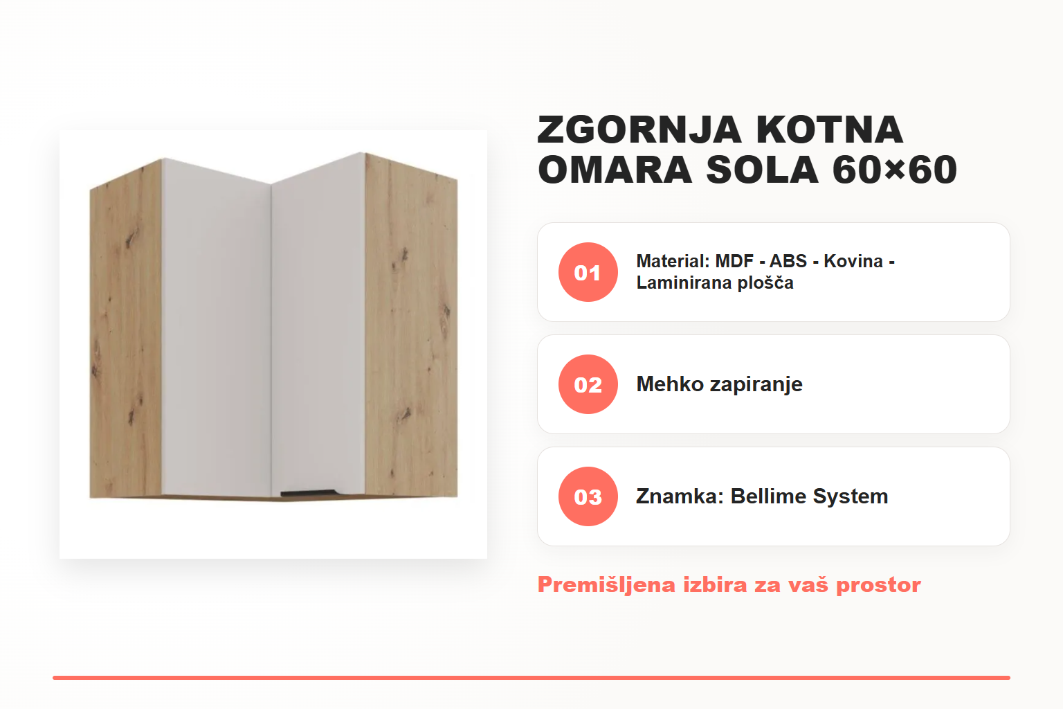 Zgornja kotna omara SOLA 60×60 72 2V – pregled ključnih lastnosti