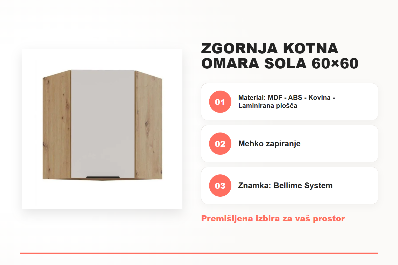 Zgornja kotna omara SOLA 60×60 72 1V – pregled ključnih lastnosti