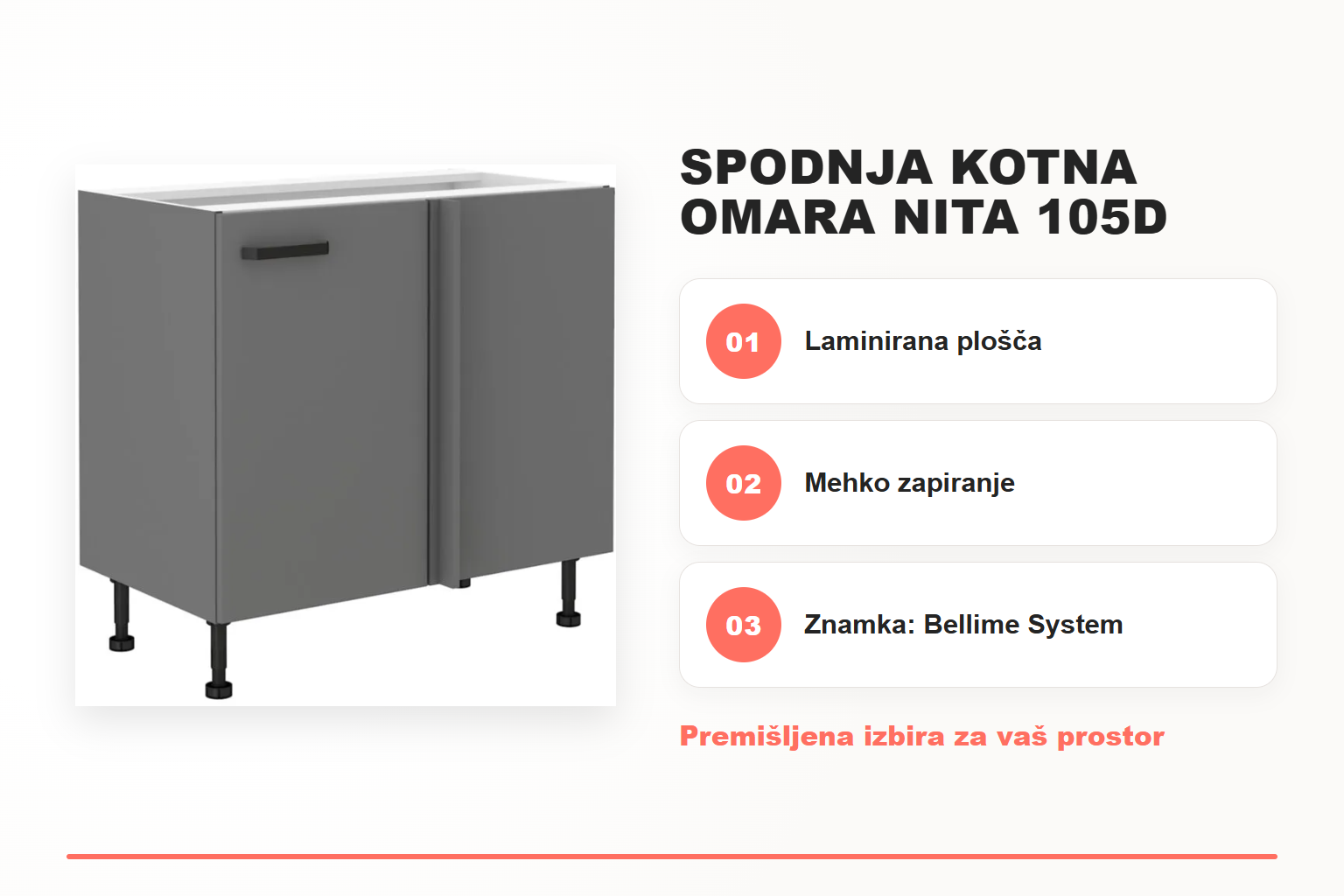 Spodnja kotna omara NITA 105D – pregled ključnih lastnosti