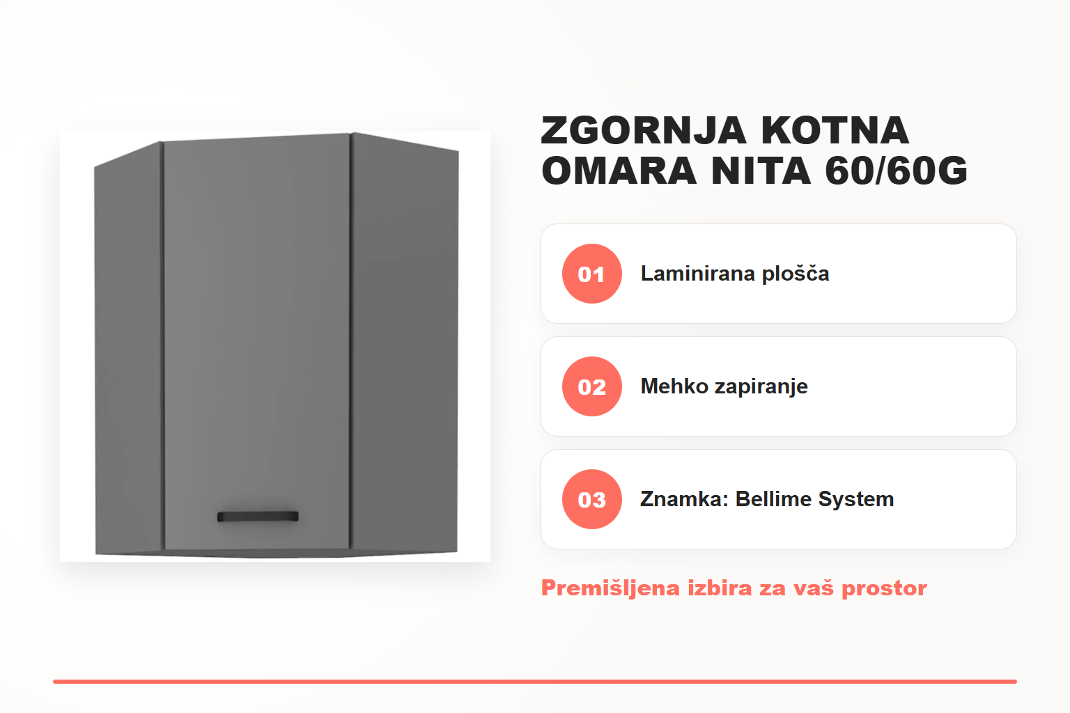 Zgornja kotna omara NITA 60/60G 90V – pregled ključnih lastnosti