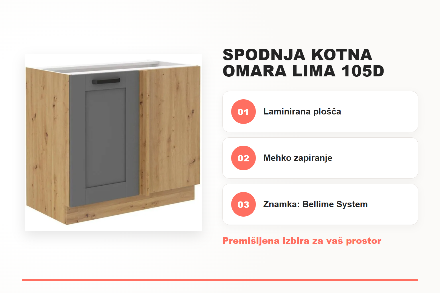Spodnja kotna omara LIMA 105D – pregled ključnih lastnosti