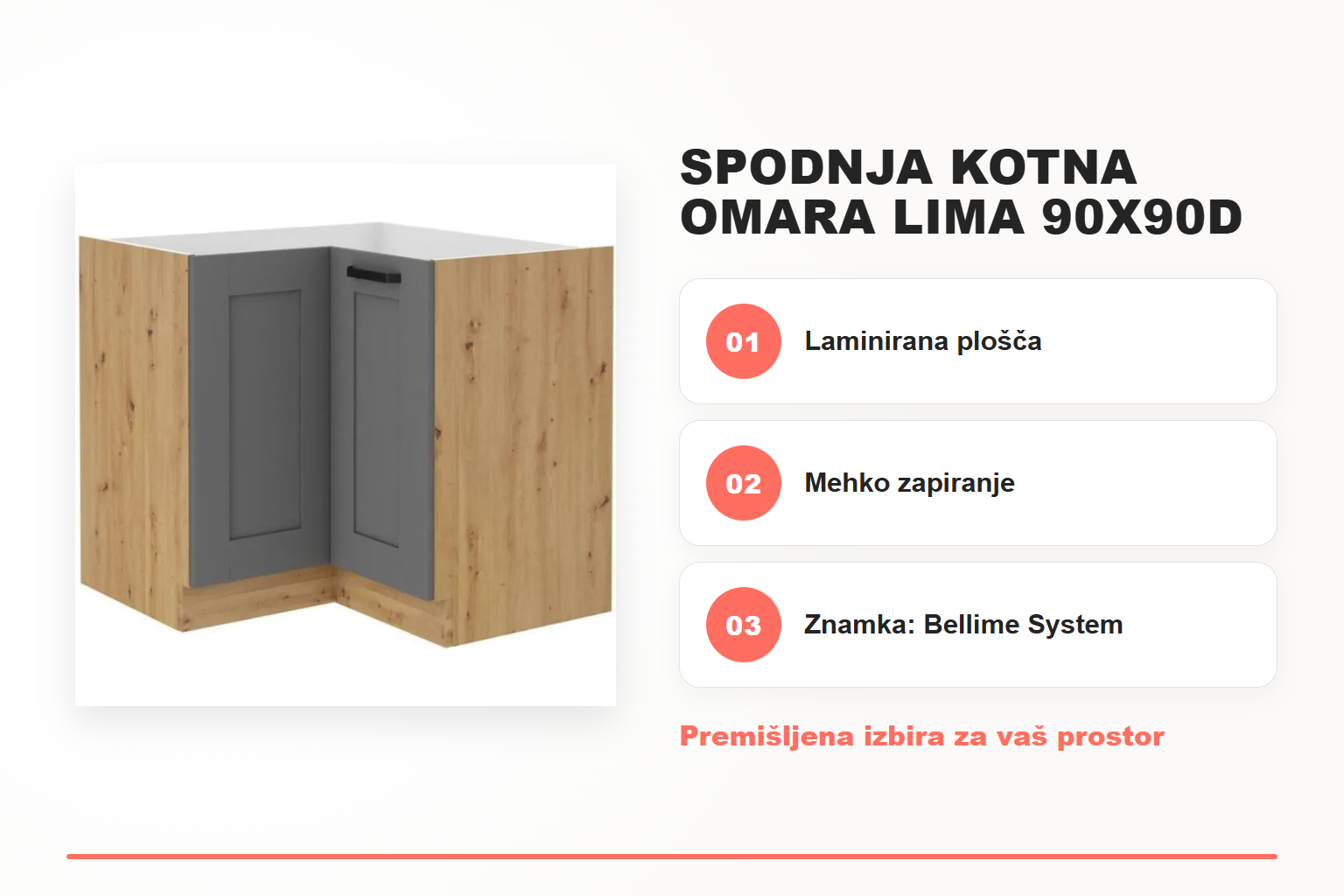 Spodnja kotna omara LIMA 90x90D – pregled ključnih lastnosti