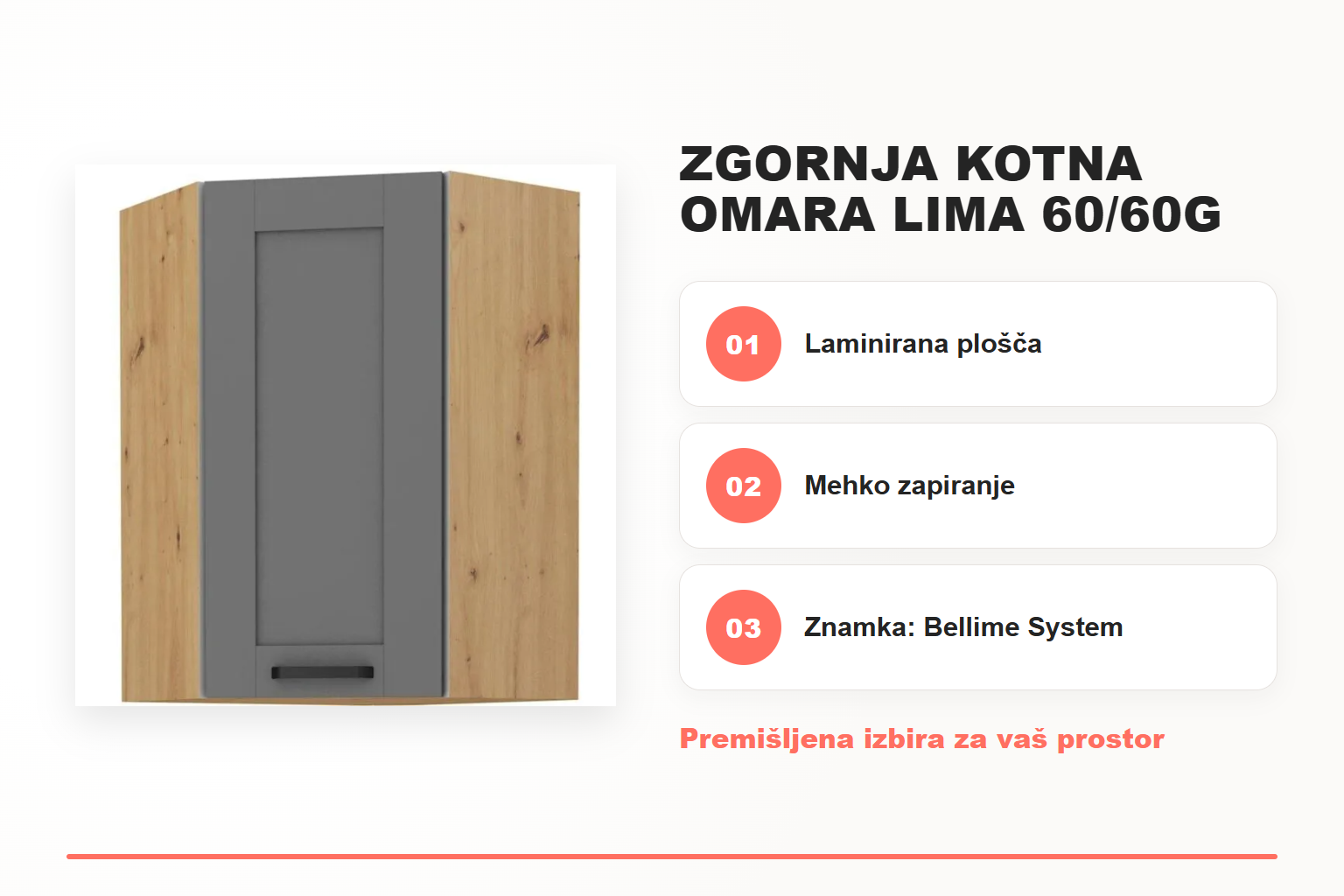 Zgornja kotna omara LIMA 60/60G 90V – pregled ključnih lastnosti