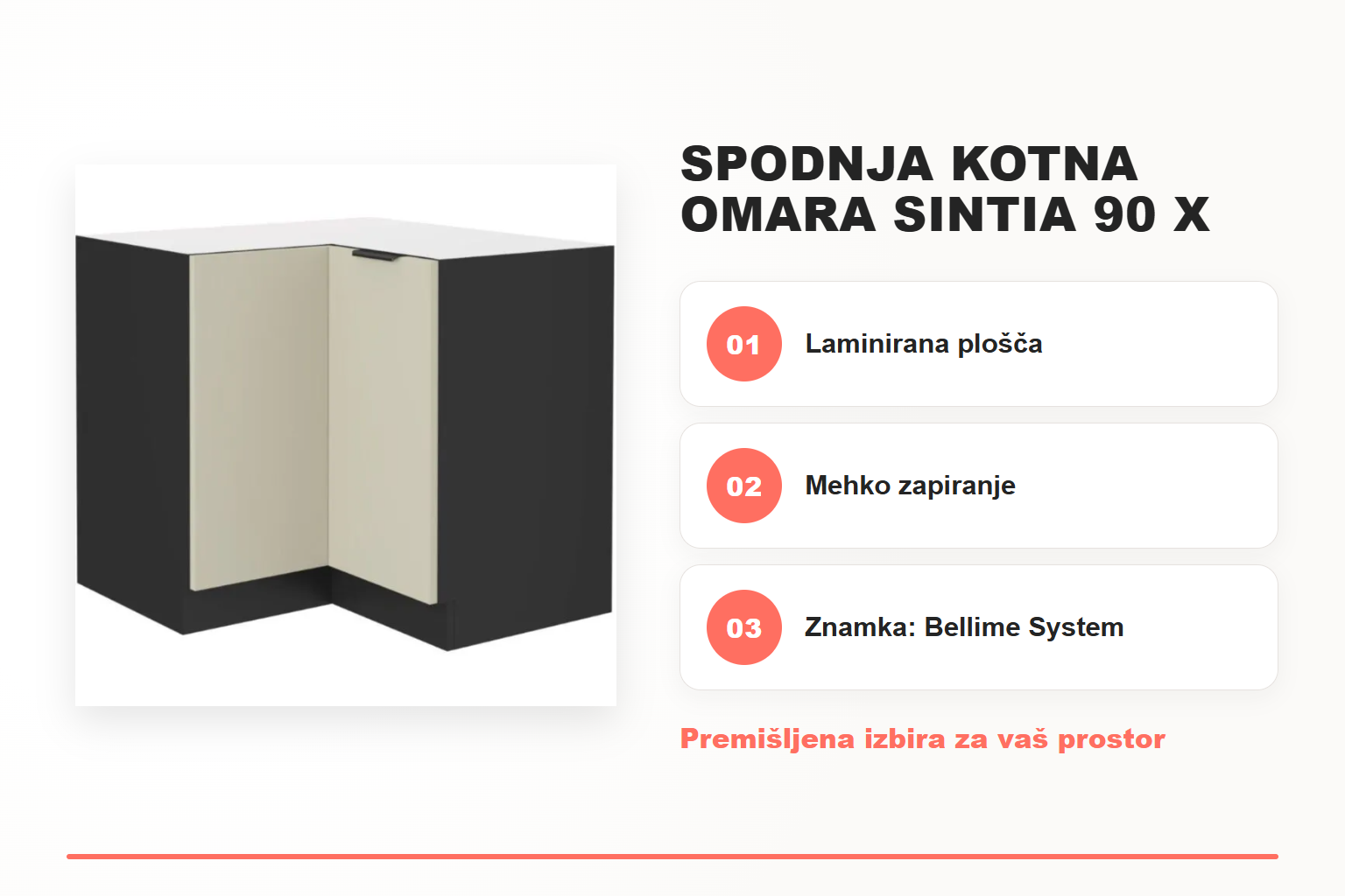 Spodnja kotna omara SINTIA 90 x 90D – pregled ključnih lastnosti