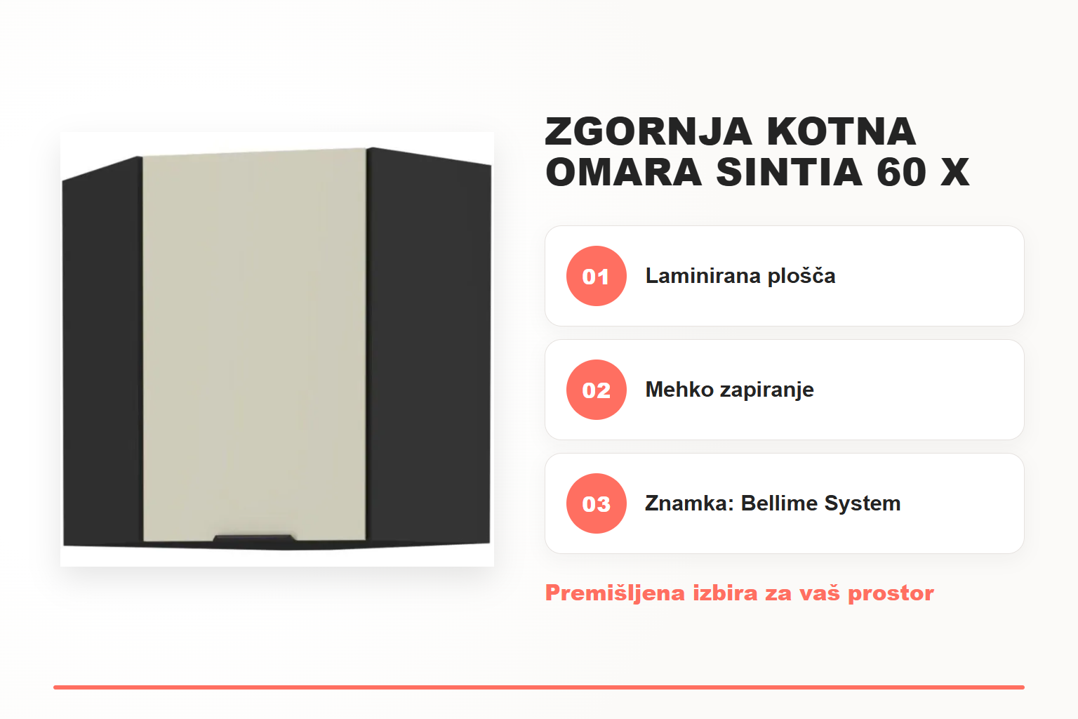 Zgornja kotna omara SINTIA 60 x 60G – pregled ključnih lastnosti