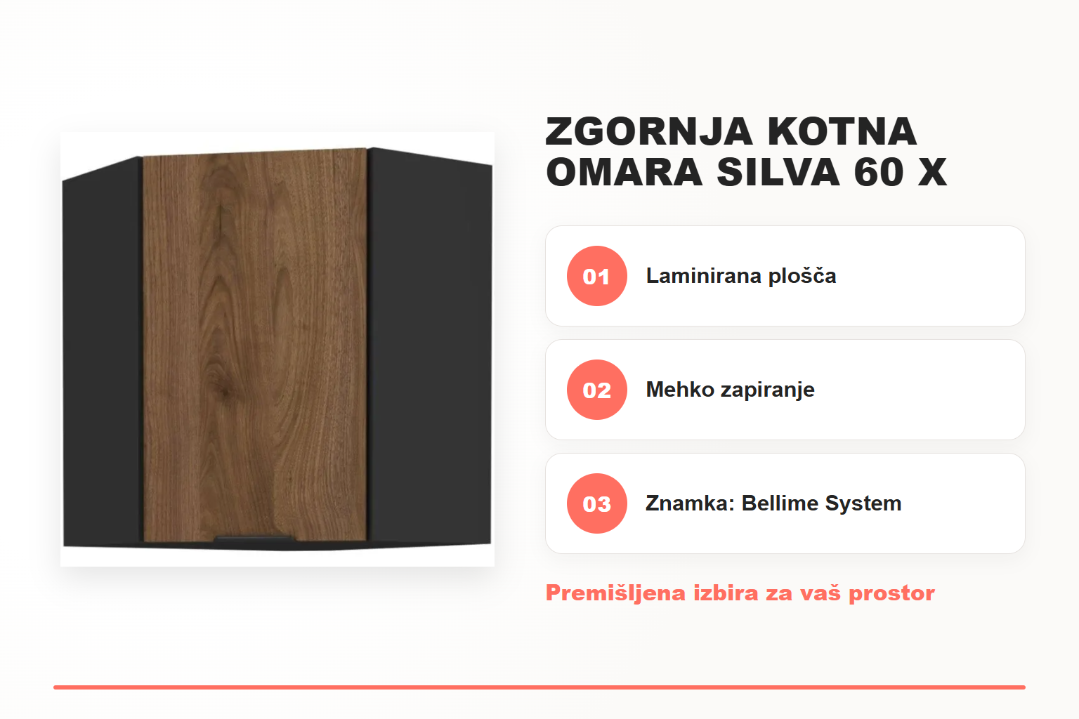 Zgornja kotna omara SILVA 60 x 60G – pregled ključnih lastnosti