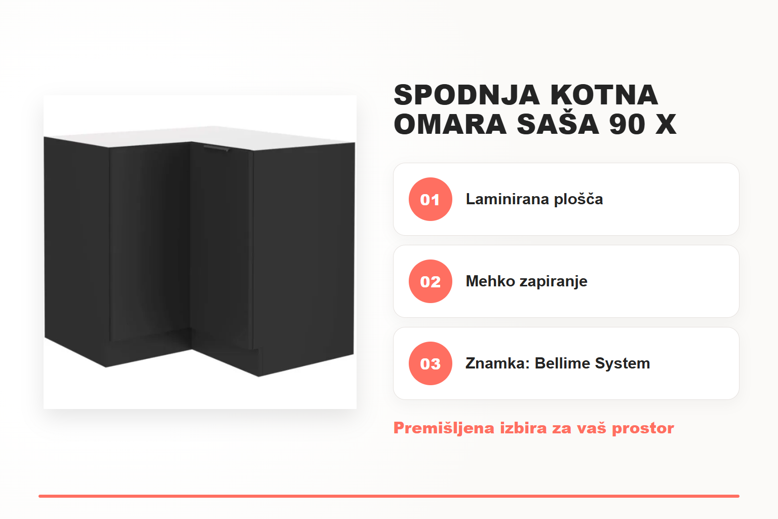 Spodnja kotna omara SAŠA 90 x 90D – pregled ključnih lastnosti