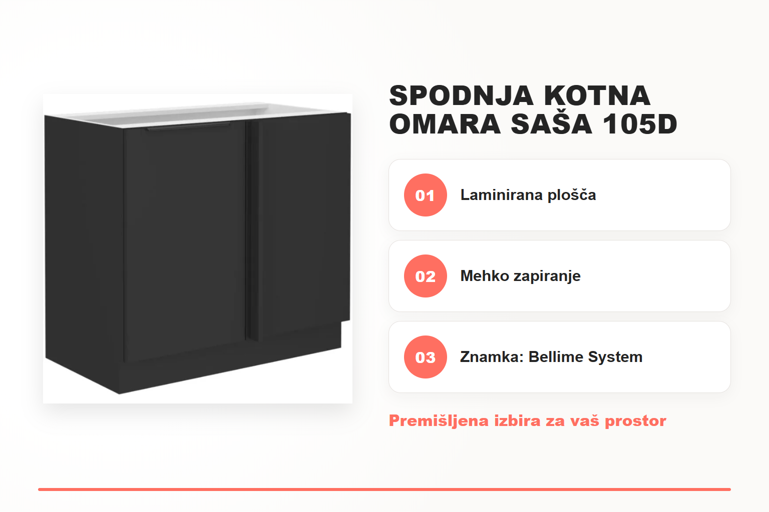 Spodnja kotna omara SAŠA 105D – pregled ključnih lastnosti