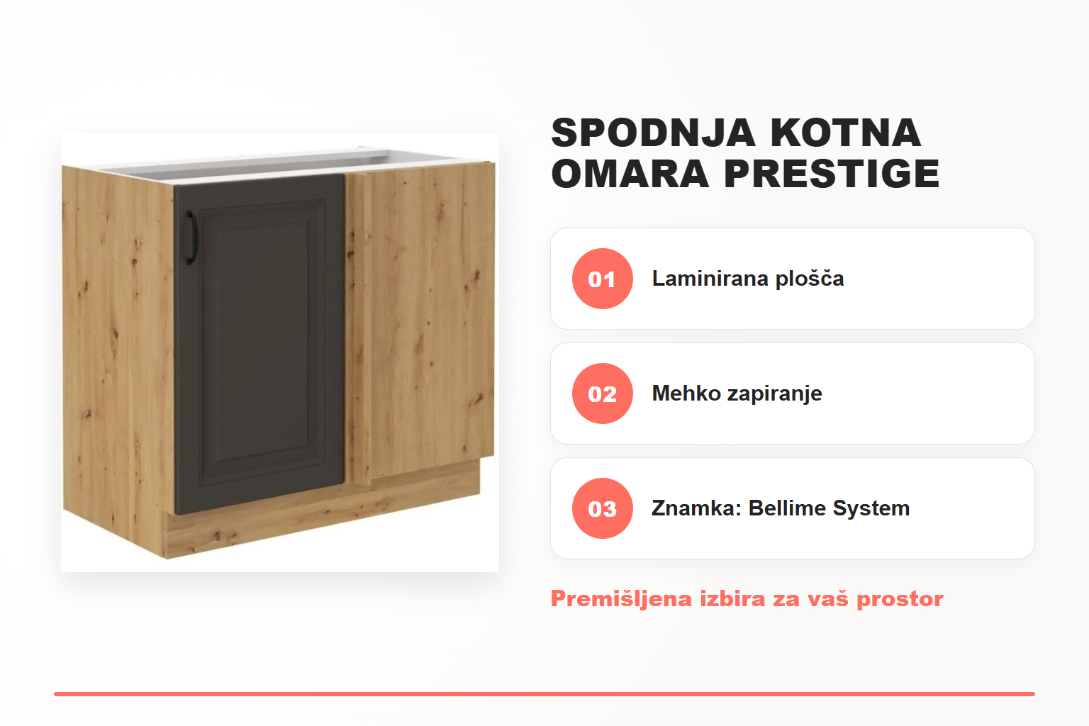 Spodnja kotna omara PRESTIGE 105D – pregled ključnih lastnosti