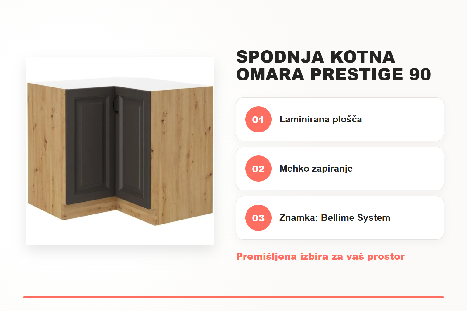 Spodnja kotna omara PRESTIGE 90 x 90D – pregled ključnih lastnosti