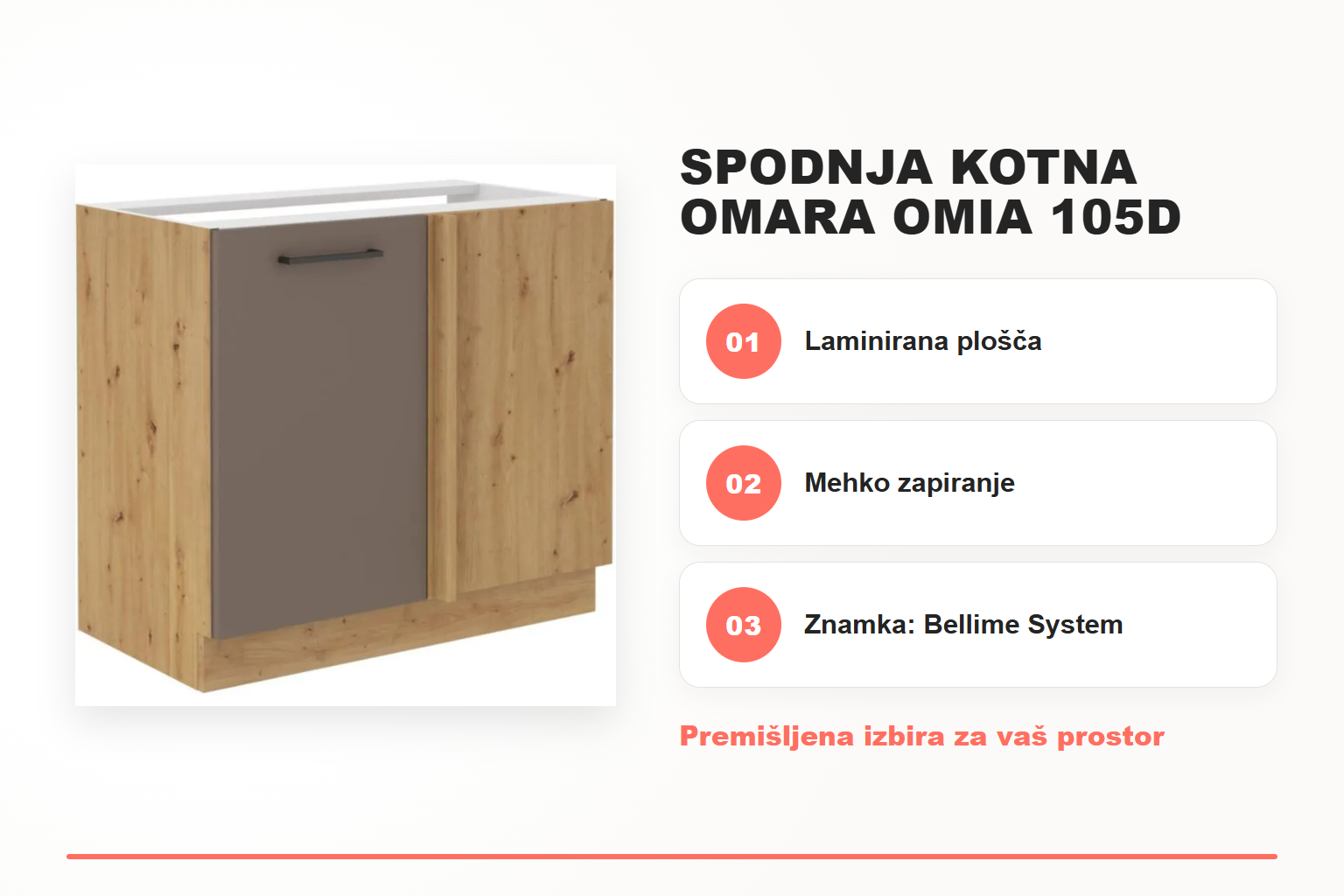 Spodnja kotna omara OMIA 105D – pregled ključnih lastnosti