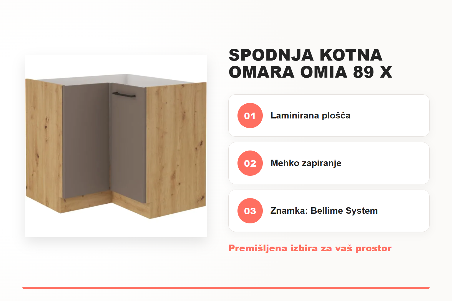 Spodnja kotna omara OMIA 89 x 89D – pregled ključnih lastnosti