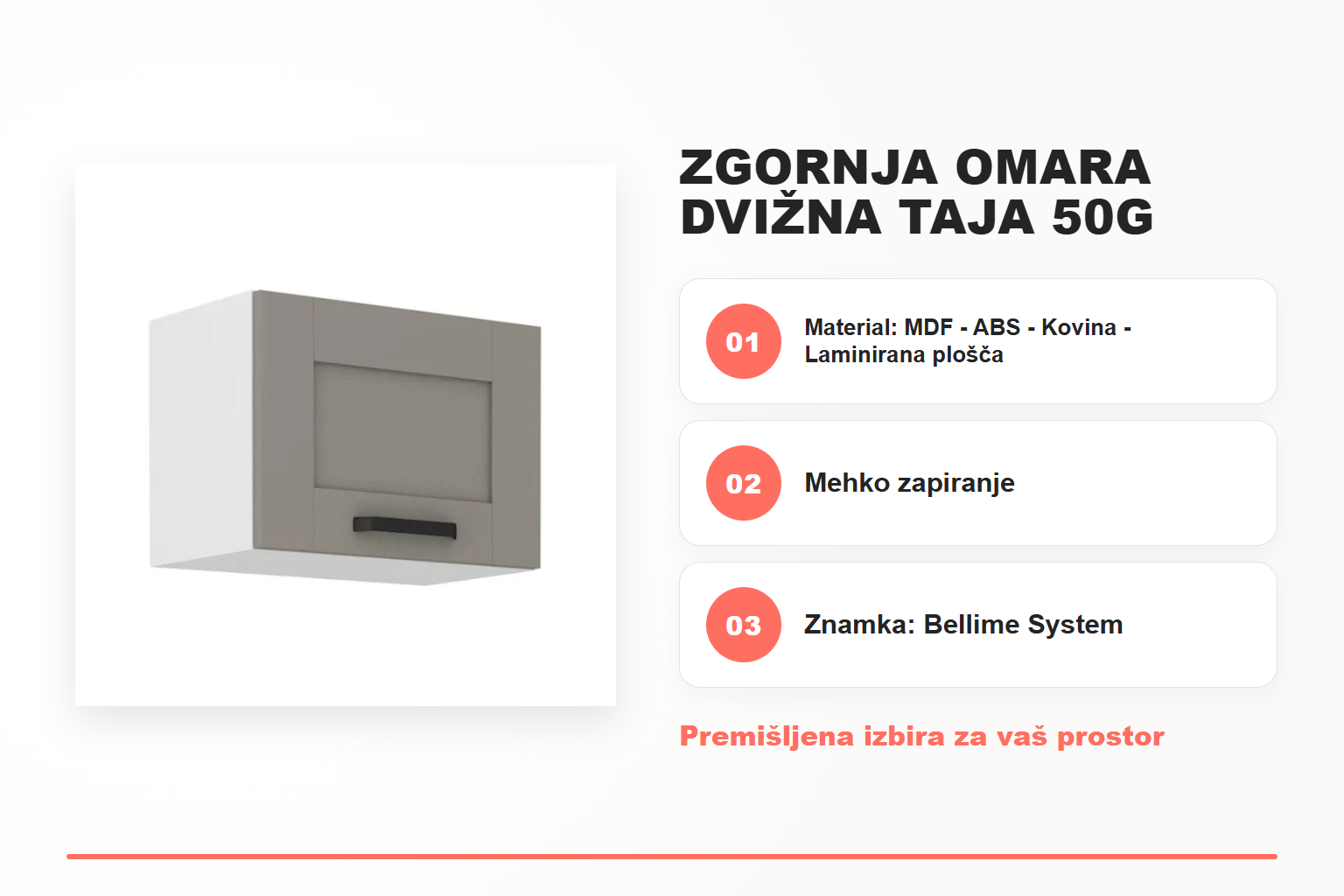 Zgornja omara dvižna TAJA 50G – pregled ključnih lastnosti
