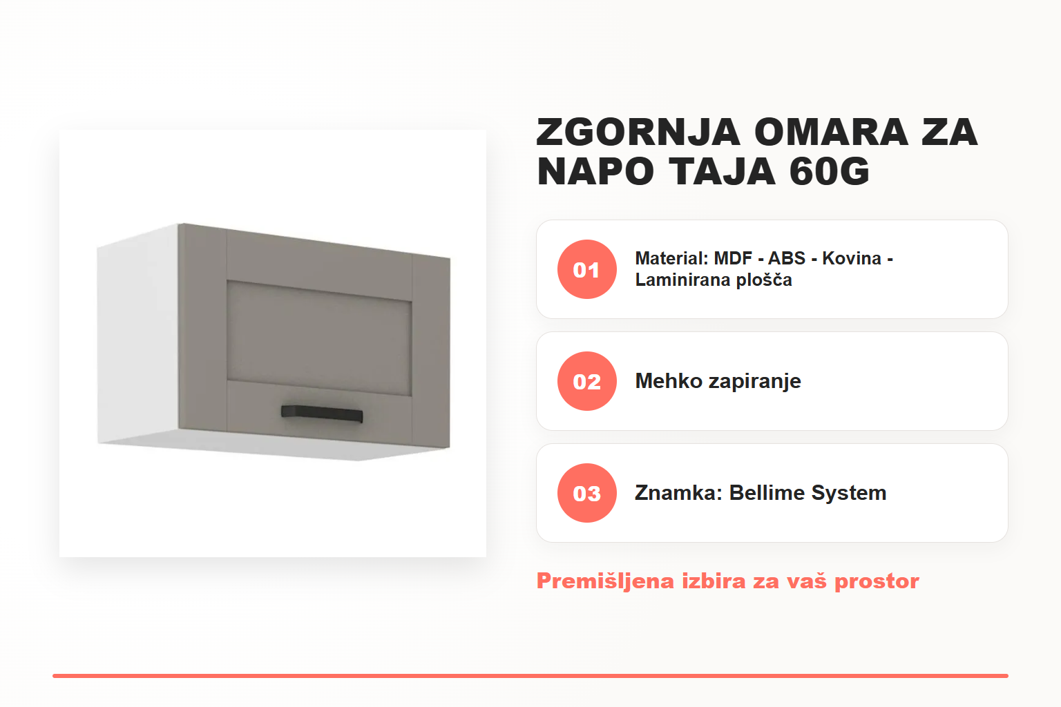 Zgornja omara za napo TAJA 60G – pregled ključnih lastnosti