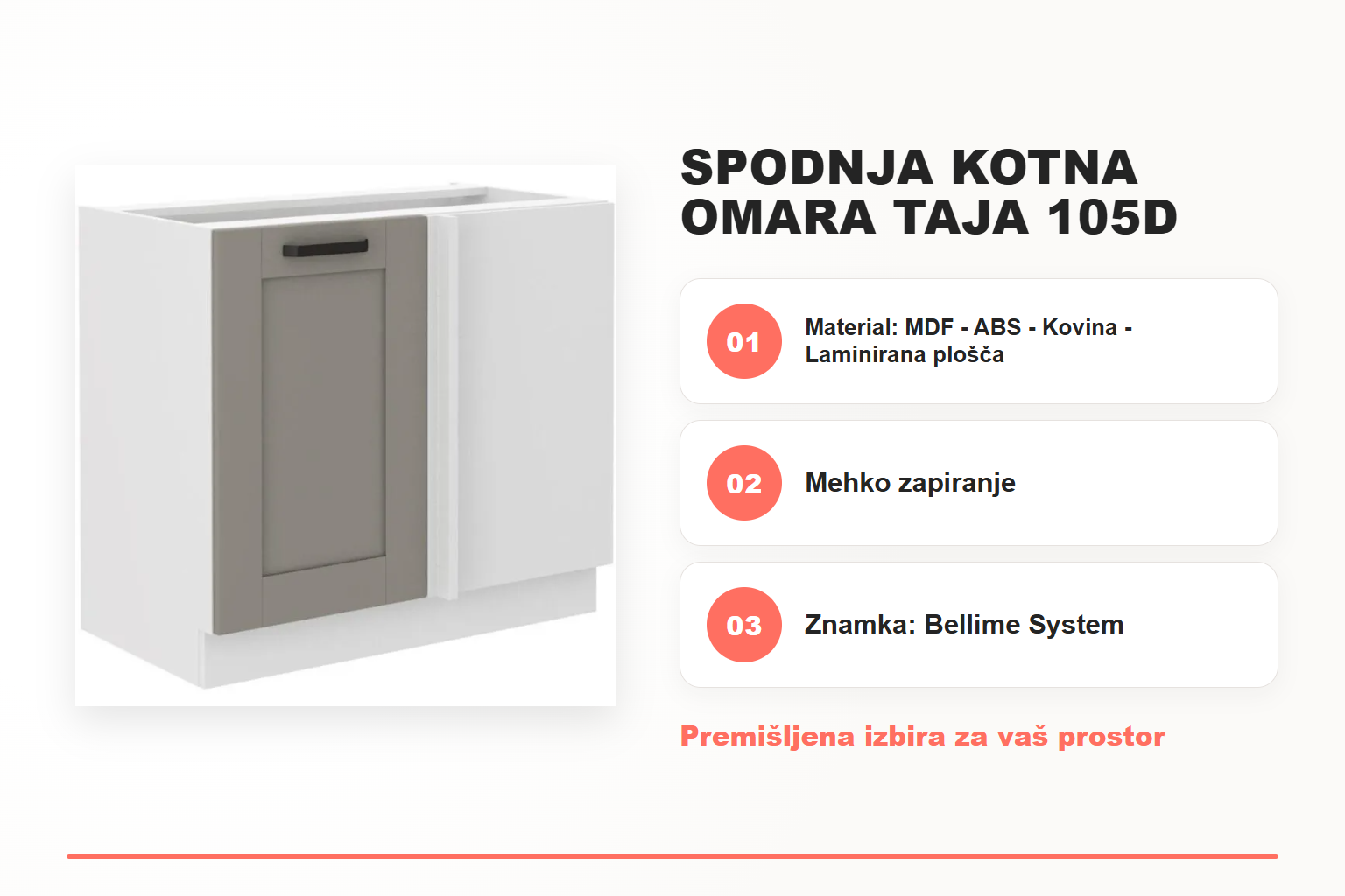Spodnja kotna omara TAJA 105D – pregled ključnih lastnosti