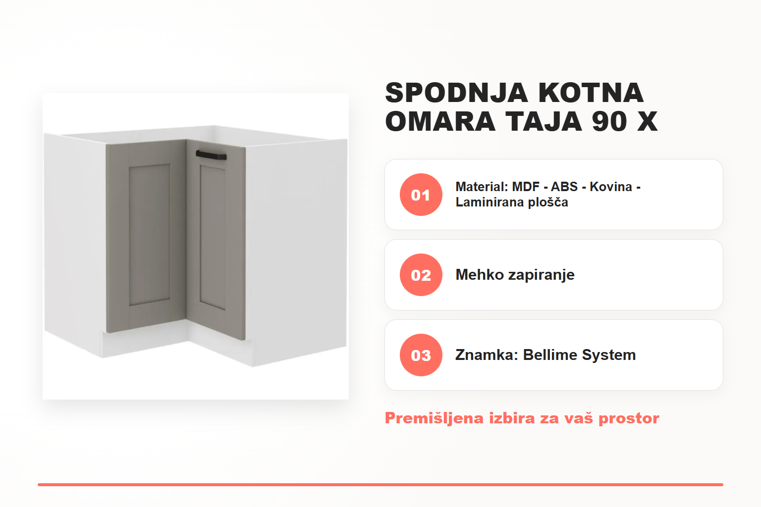 Spodnja kotna omara TAJA 90 x 90D – pregled ključnih lastnosti