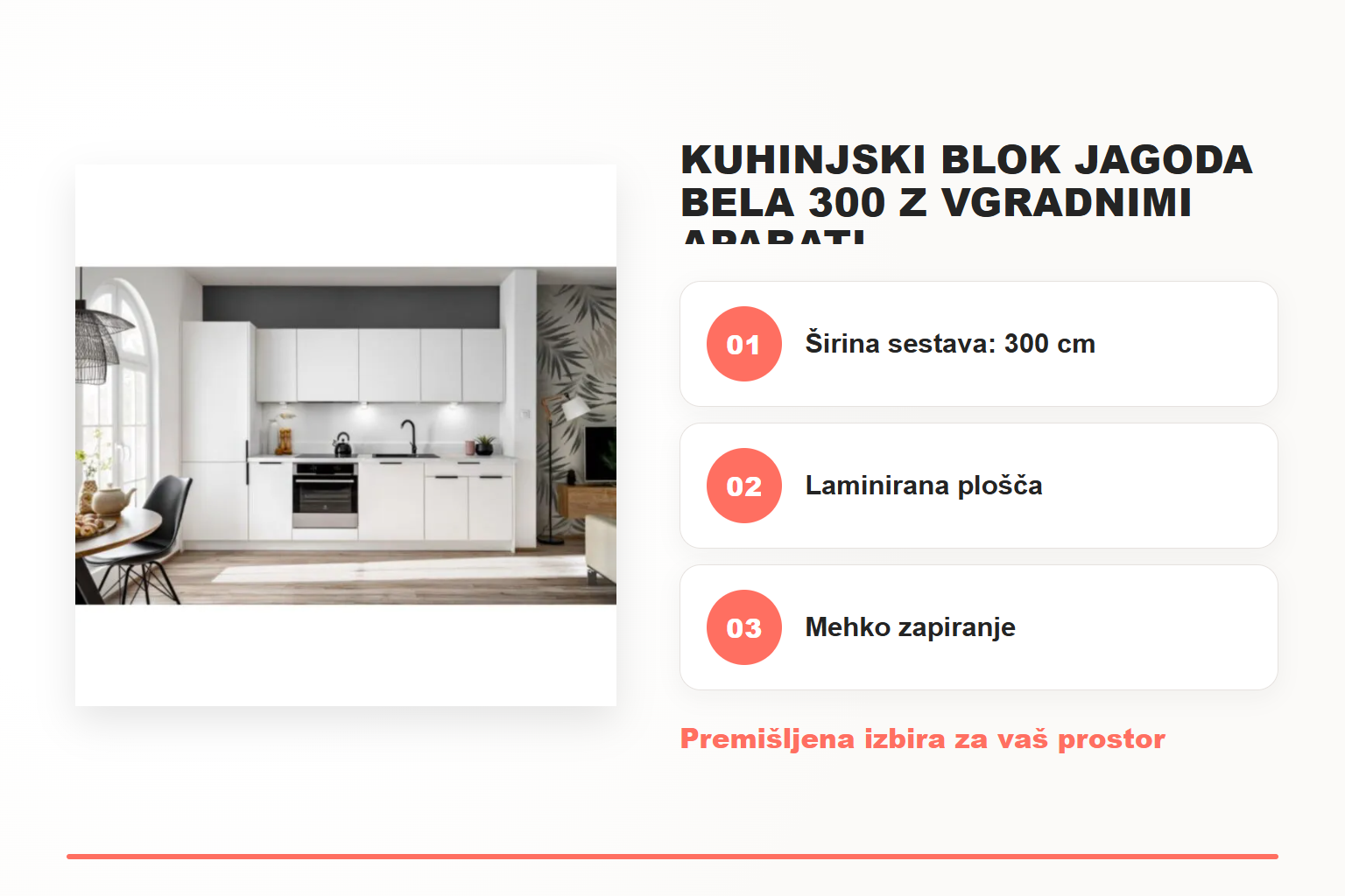 Kuhinjski blok JAGODA bela 300 z vgradnimi aparati – pregled ključnih lastnosti