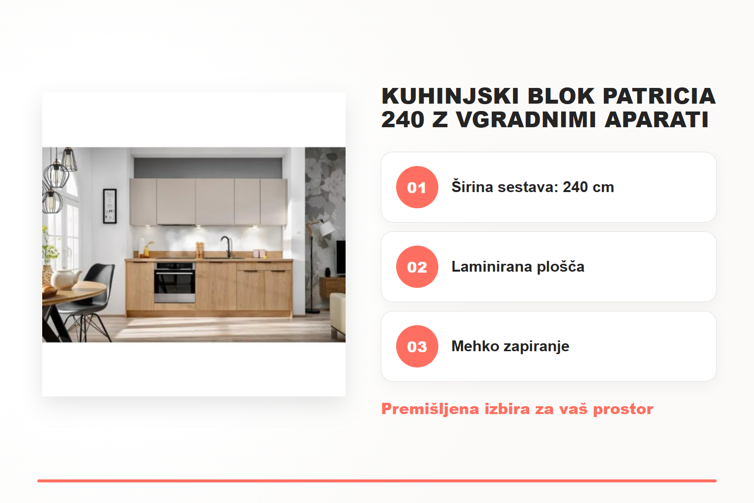 Kuhinjski blok PATRICIA 240 z vgradnimi aparati – pregled ključnih lastnosti