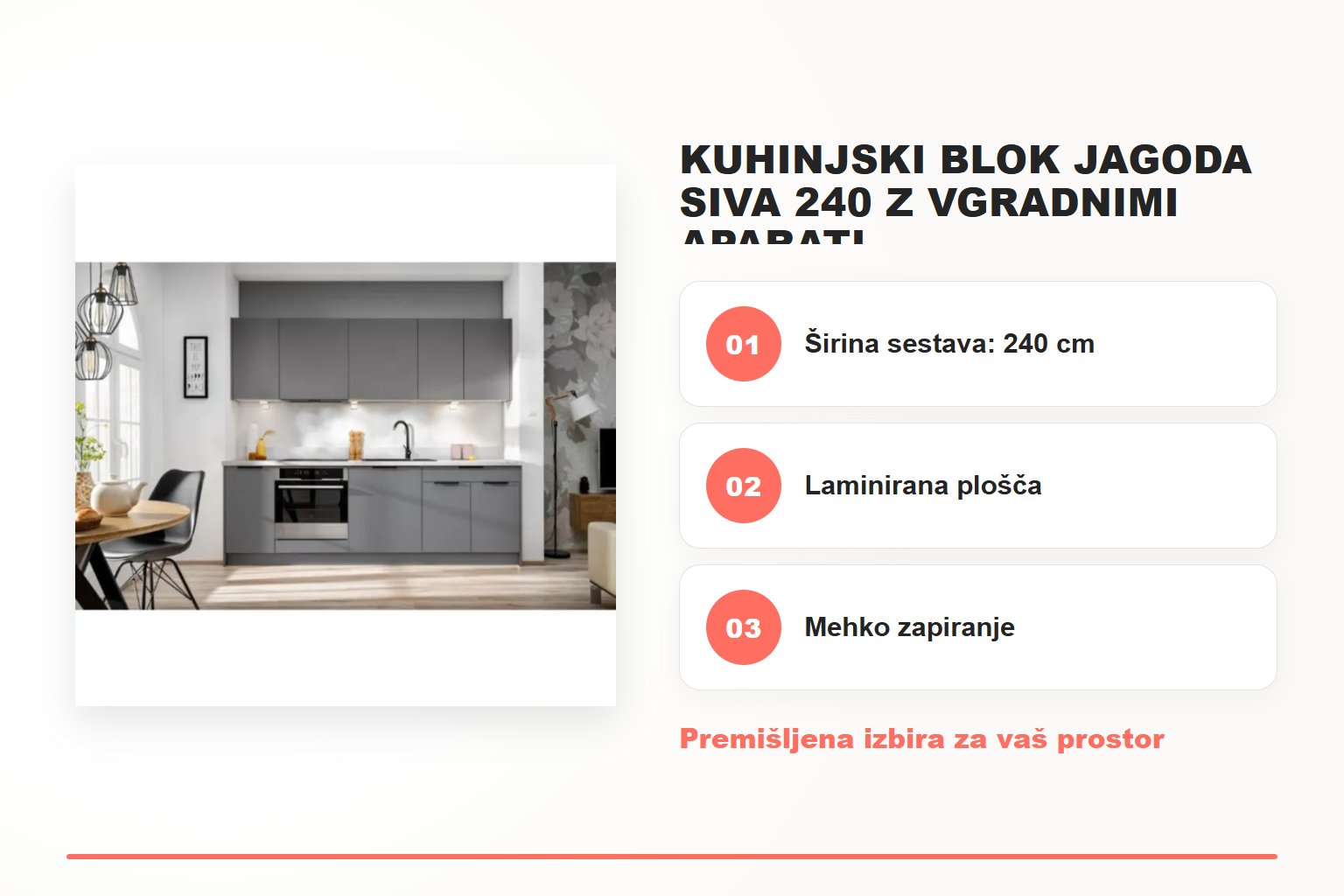 Kuhinjski blok JAGODA siva 240 z vgradnimi aparati – pregled ključnih lastnosti