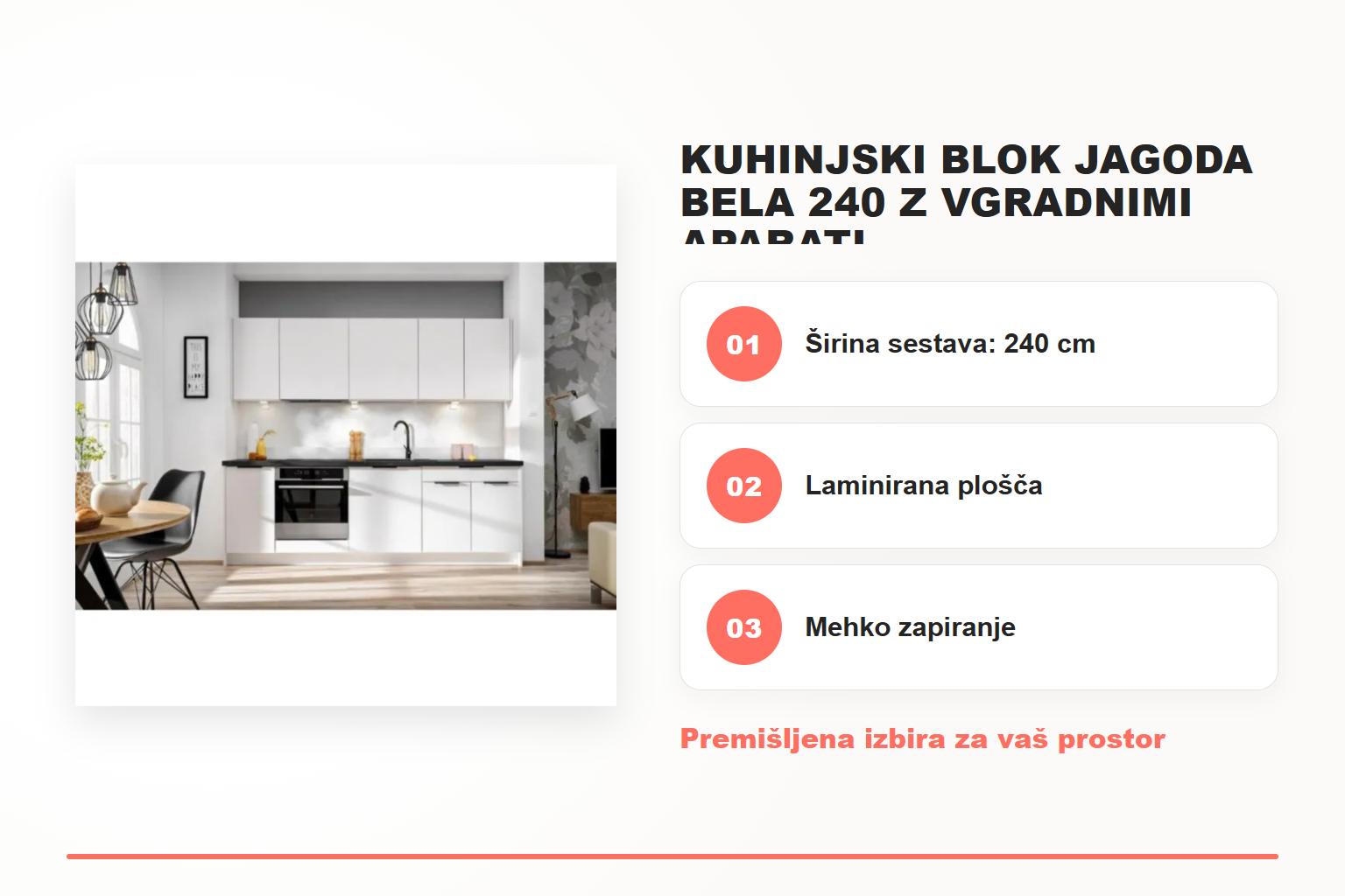 Kuhinjski blok JAGODA bela 240 z vgradnimi aparati – pregled ključnih lastnosti