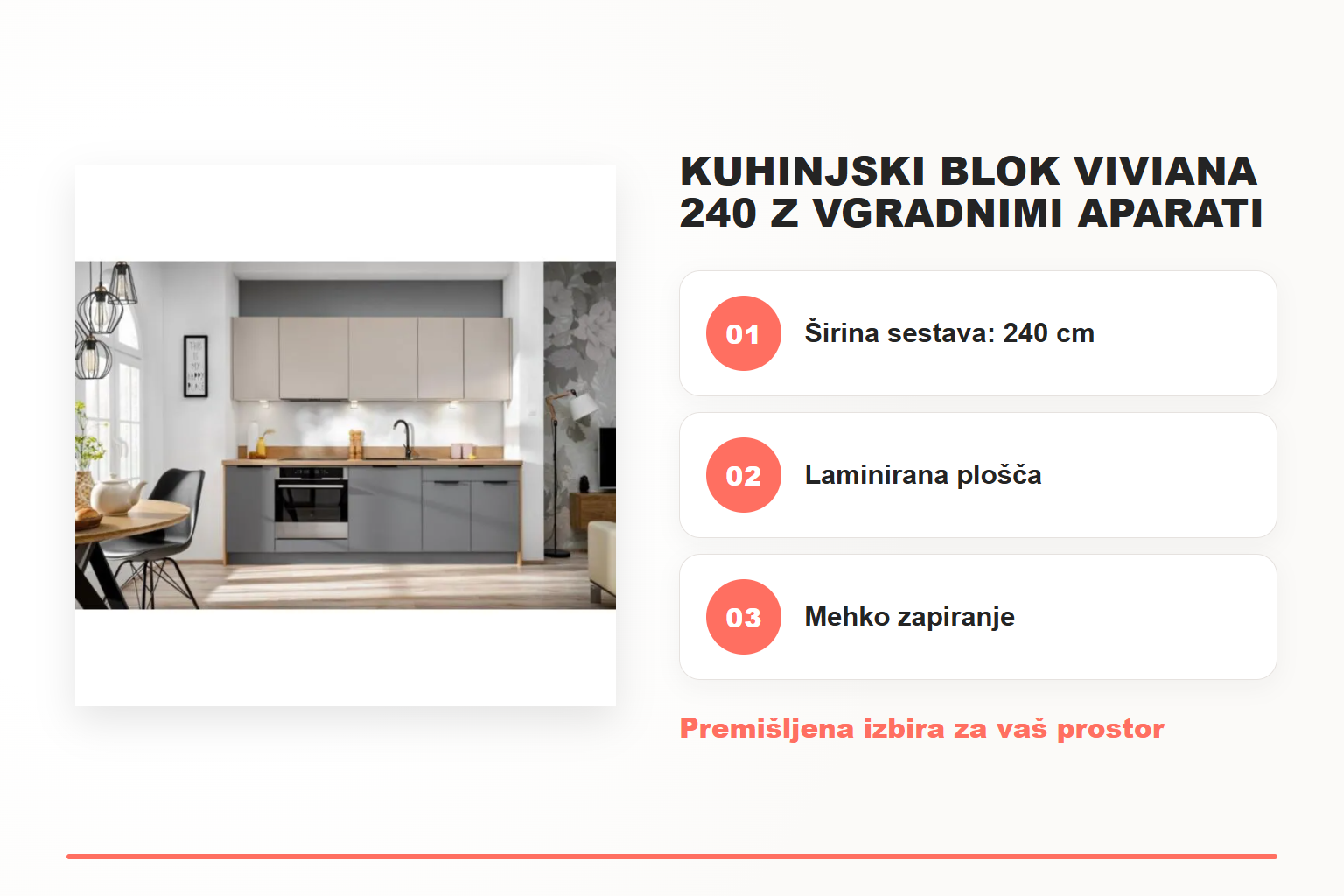 Kuhinjski blok VIVIANA 240 z vgradnimi aparati – pregled ključnih lastnosti
