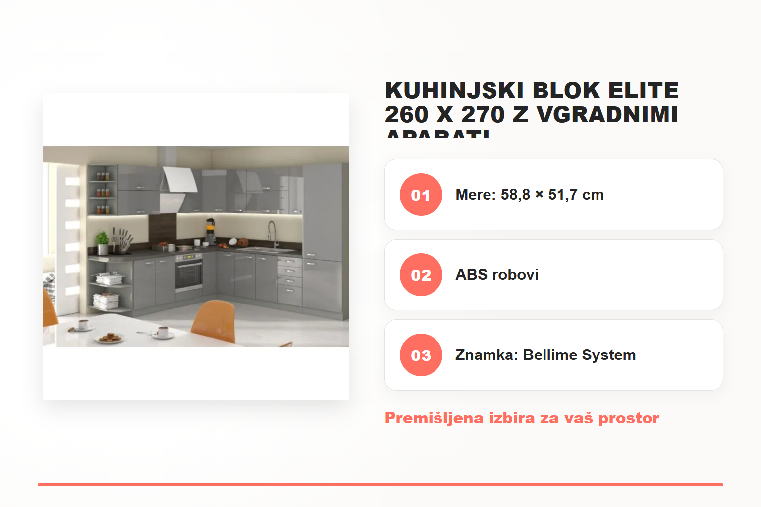 Kuhinjski blok ELITE 260 x 270 z vgradnimi aparati – pregled ključnih lastnosti