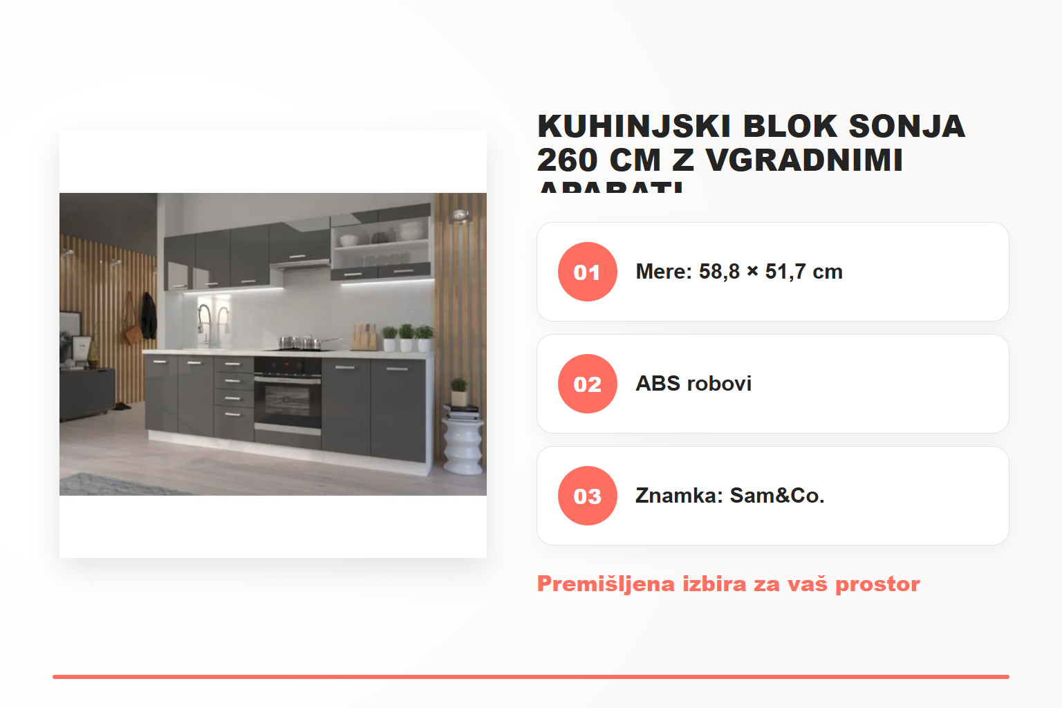 Kuhinjski blok SONJA 260 cm z vgradnimi aparati – pregled ključnih lastnosti