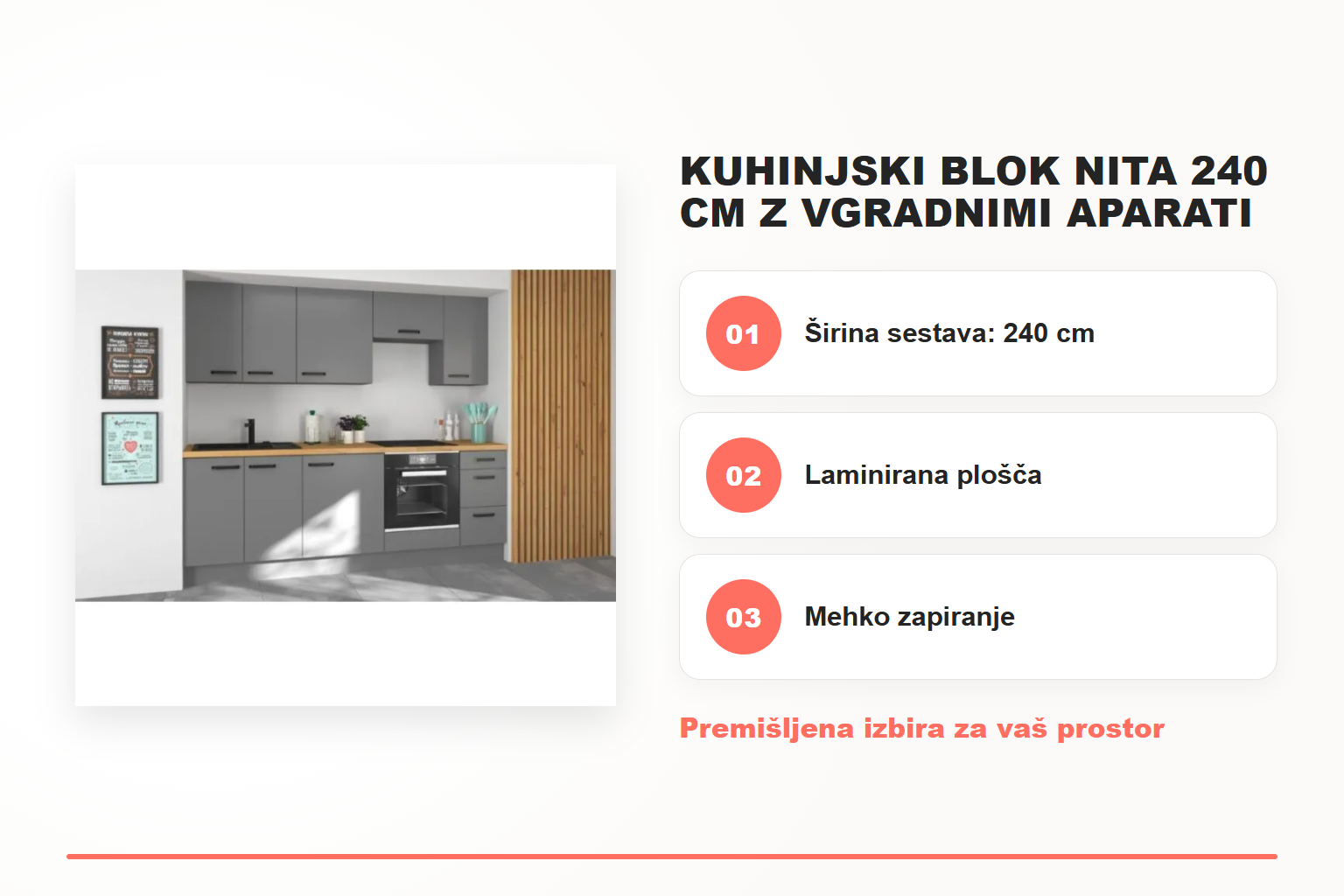 Kuhinjski blok NITA 240 cm z vgradnimi aparati – pregled ključnih lastnosti