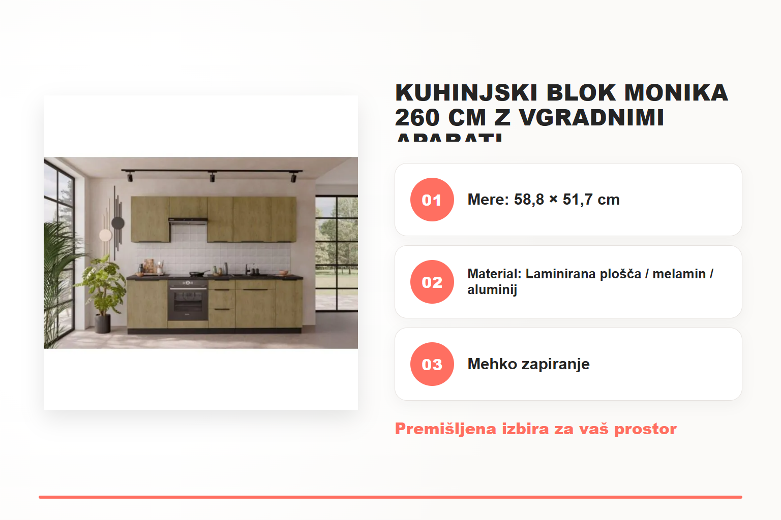 Kuhinjski blok MONIKA 260 cm z vgradnimi aparati – pregled ključnih lastnosti