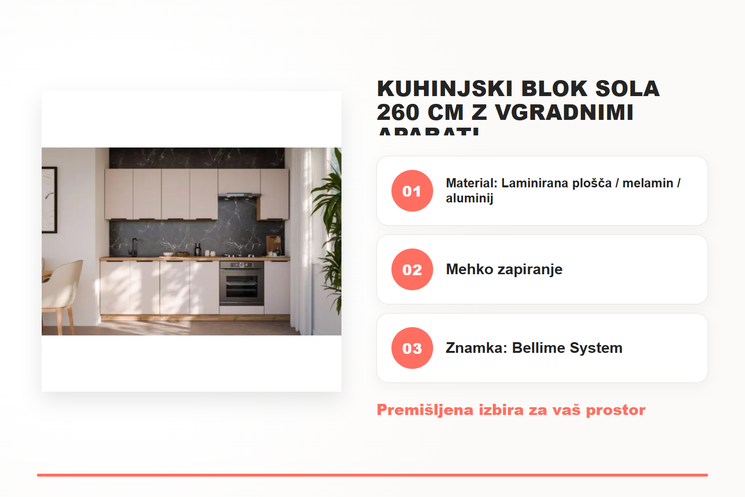Kuhinjski blok SOLA 260 cm z vgradnimi aparati – pregled ključnih lastnosti