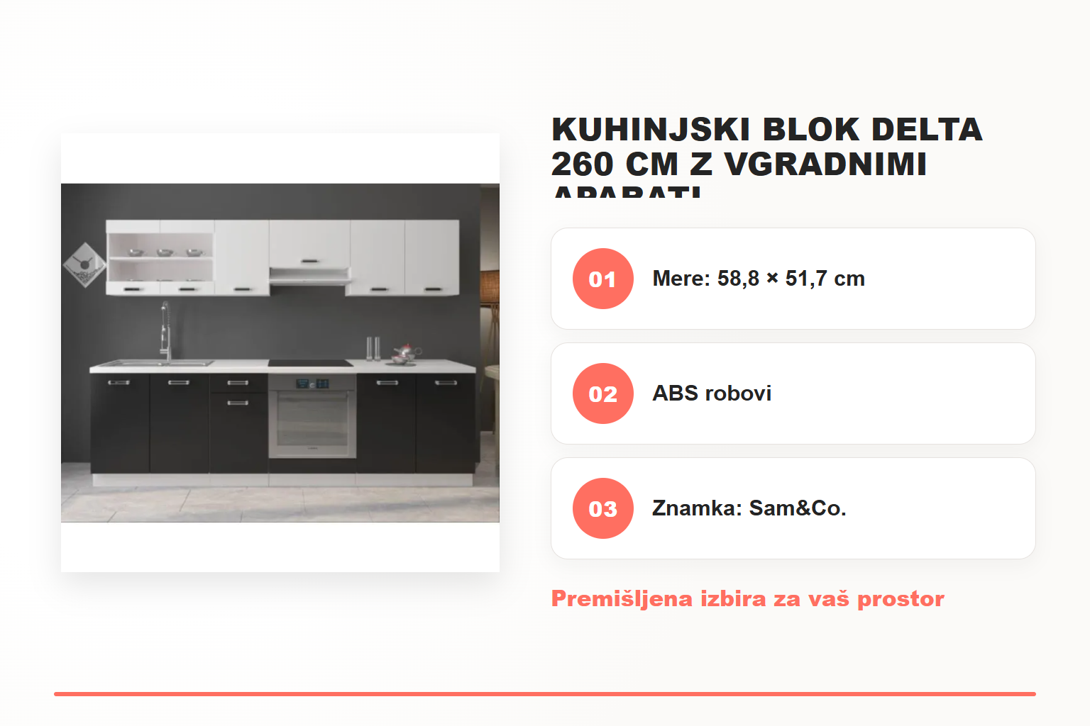 Kuhinjski blok DELTA 260 cm z vgradnimi aparati – pregled ključnih lastnosti