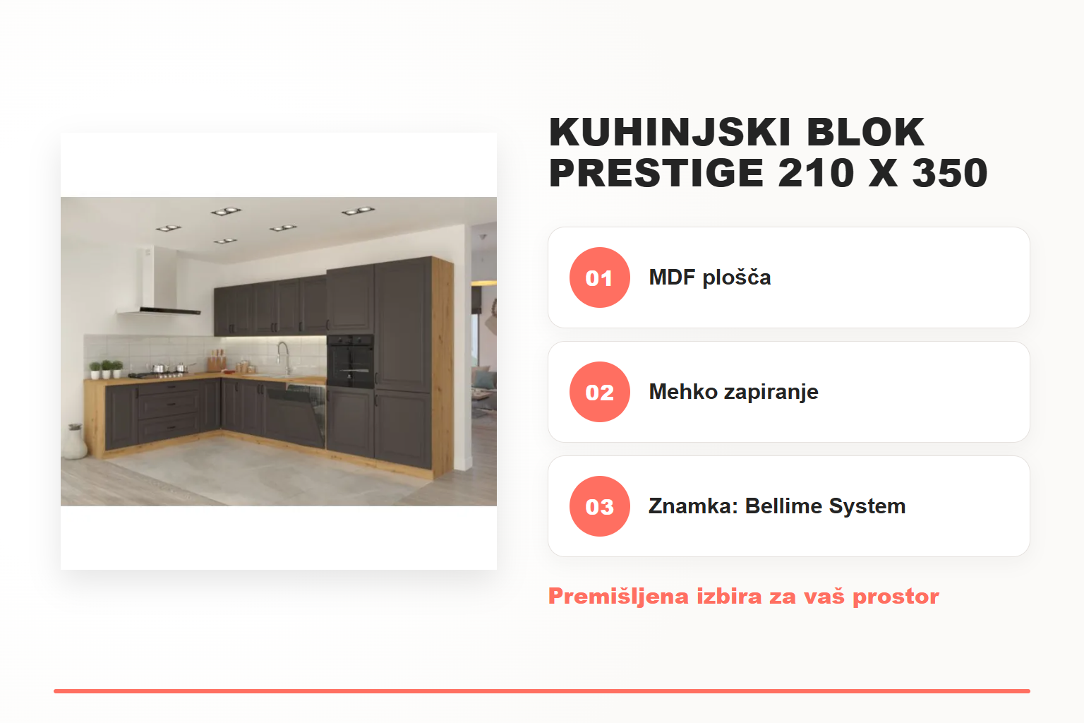 Kuhinjski blok PRESTIGE 210 x 350 cm – pregled ključnih lastnosti