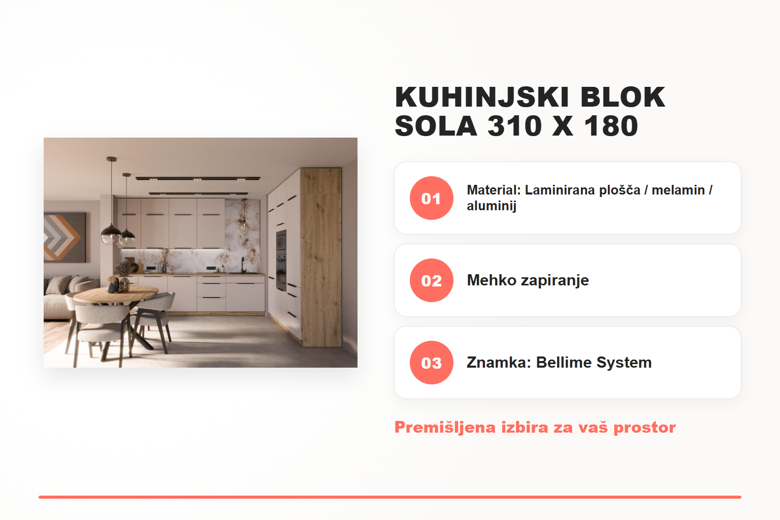 Kuhinjski blok SOLA 310 x 180 – pregled ključnih lastnosti