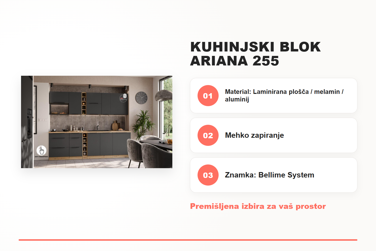 Kuhinjski blok ARIANA 255 – pregled ključnih lastnosti