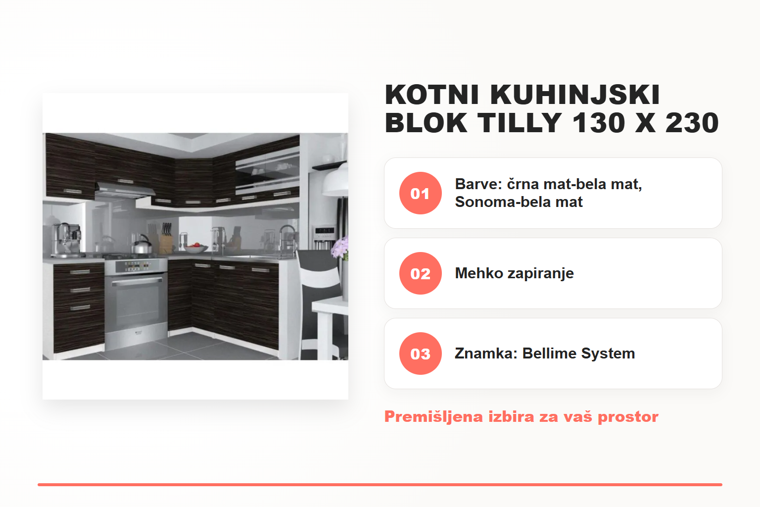 Kotni kuhinjski blok TILLY 130 x 230 – pregled ključnih lastnosti