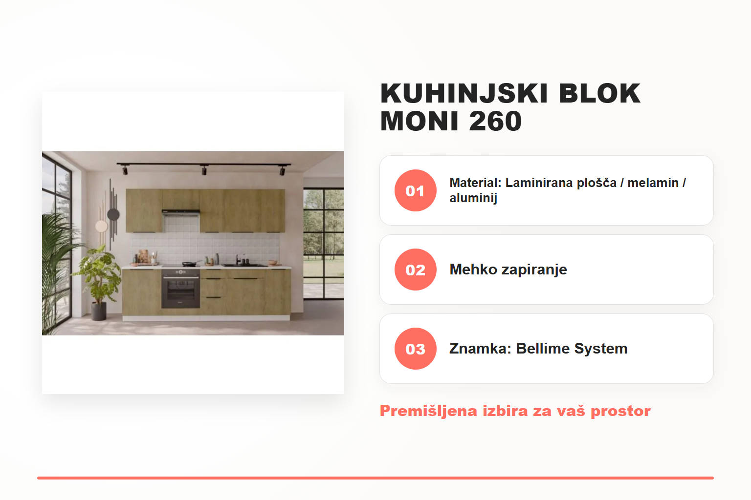 Kuhinjski blok MONI 260 – pregled ključnih lastnosti