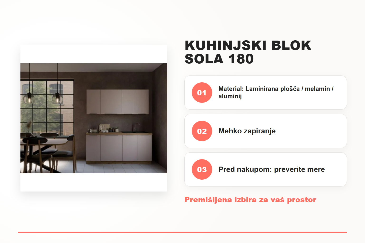 Kuhinjski blok SOLA 180 – pregled ključnih lastnosti