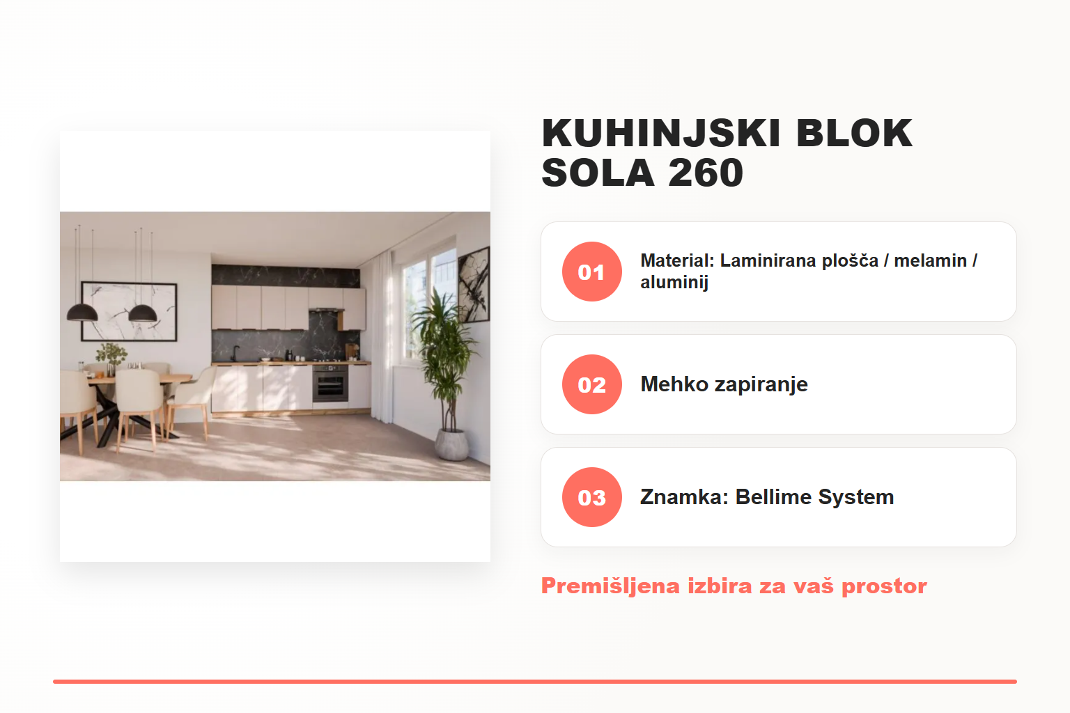 Kuhinjski blok SOLA 260 – pregled ključnih lastnosti