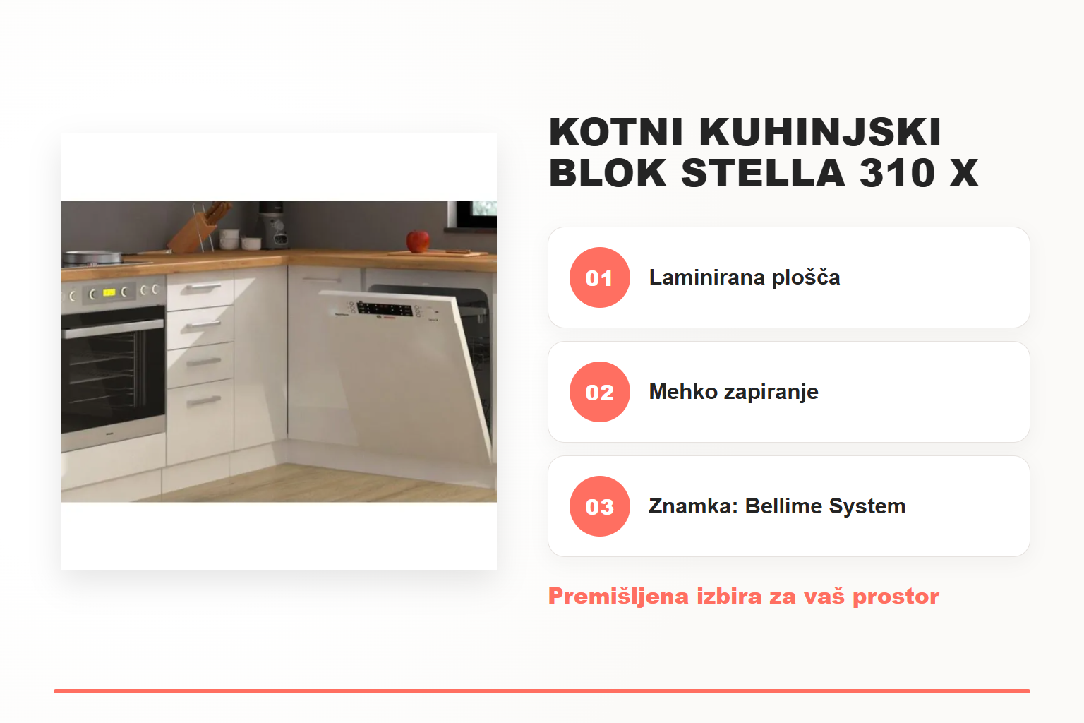 Kotni kuhinjski blok STELLA 310 x 230 – pregled ključnih lastnosti