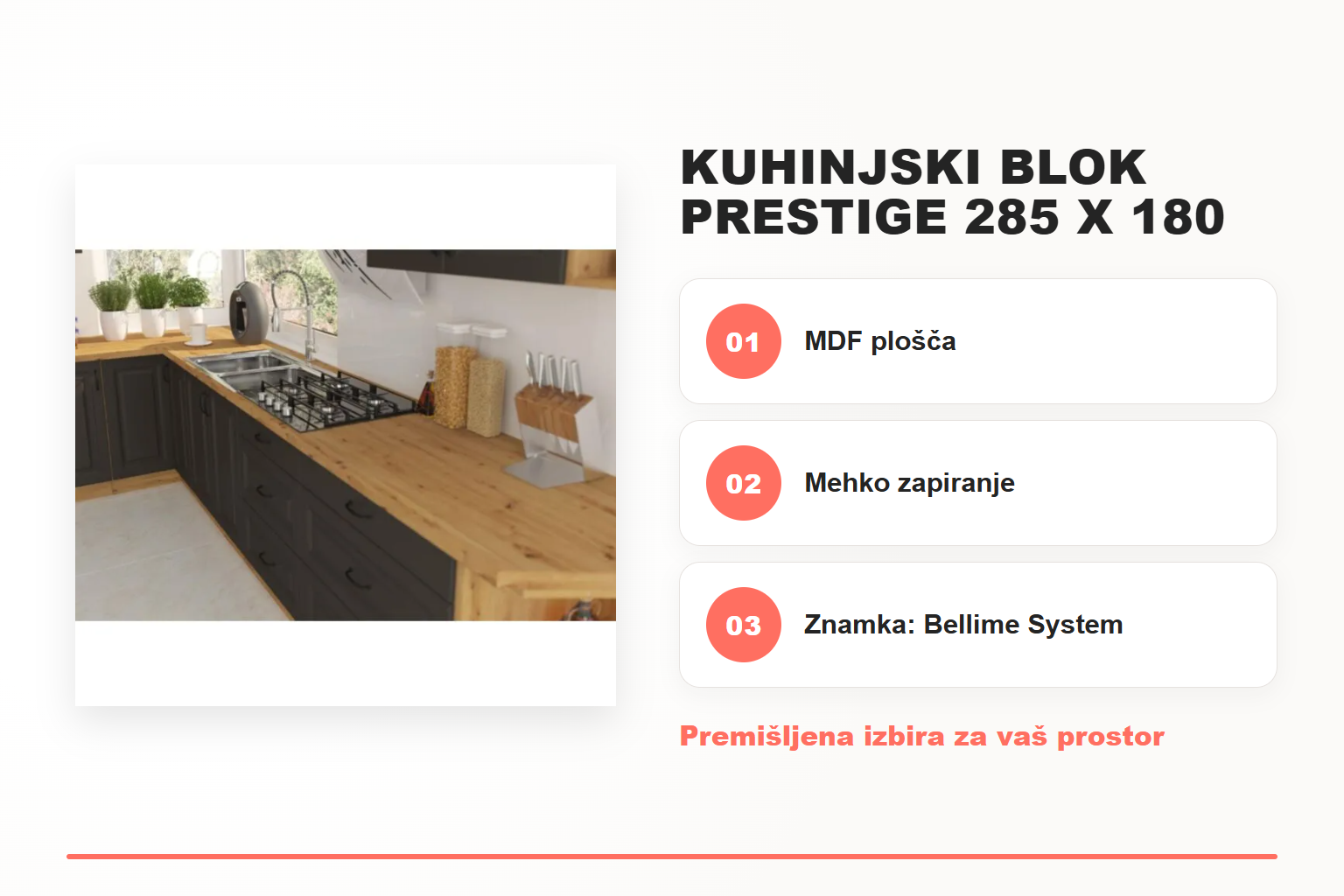 Kuhinjski blok PRESTIGE 285 x 180 – pregled ključnih lastnosti
