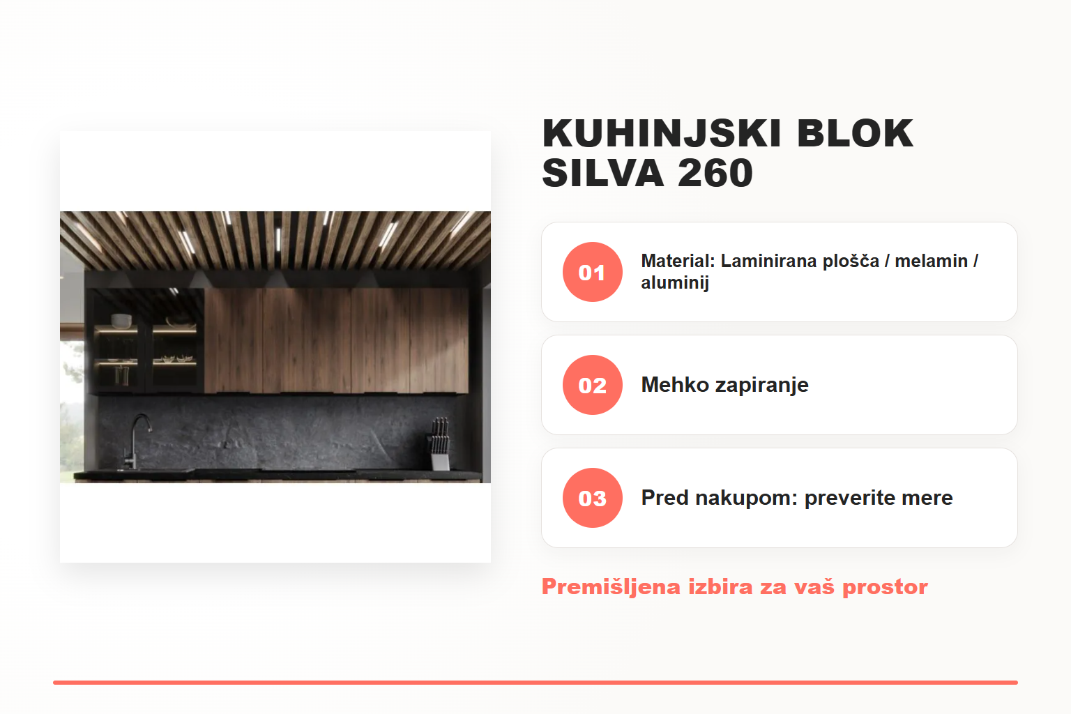 Kuhinjski blok SILVA 260 – pregled ključnih lastnosti