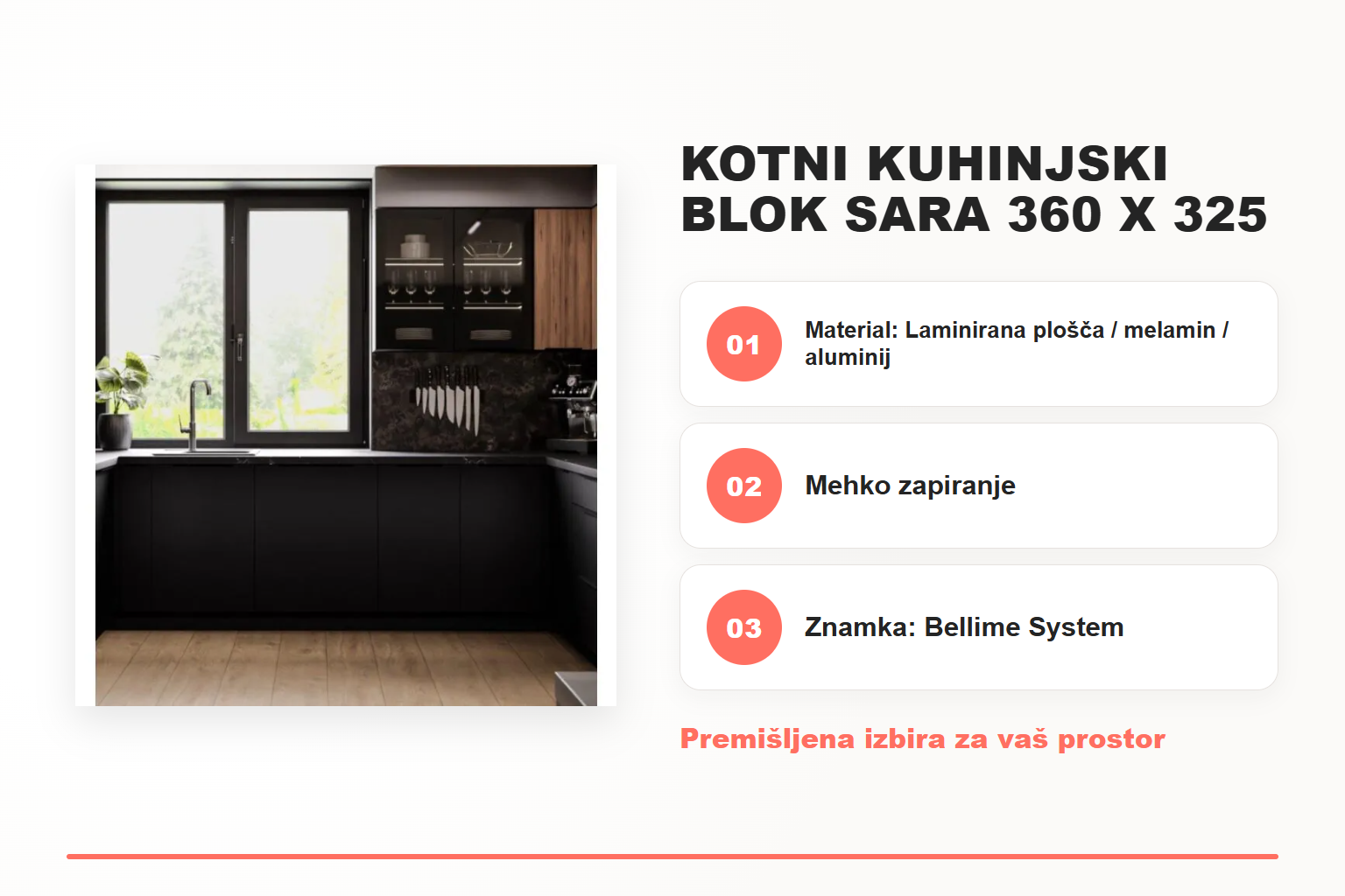 Kotni kuhinjski blok SARA 360 x 325 x 205 – pregled ključnih lastnosti
