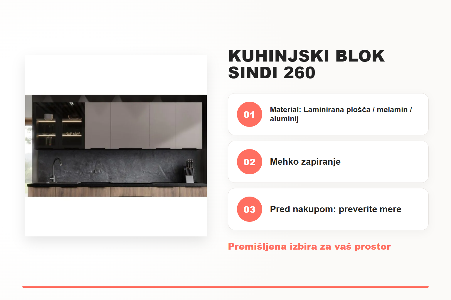 Kuhinjski blok SINDI 260 – pregled ključnih lastnosti